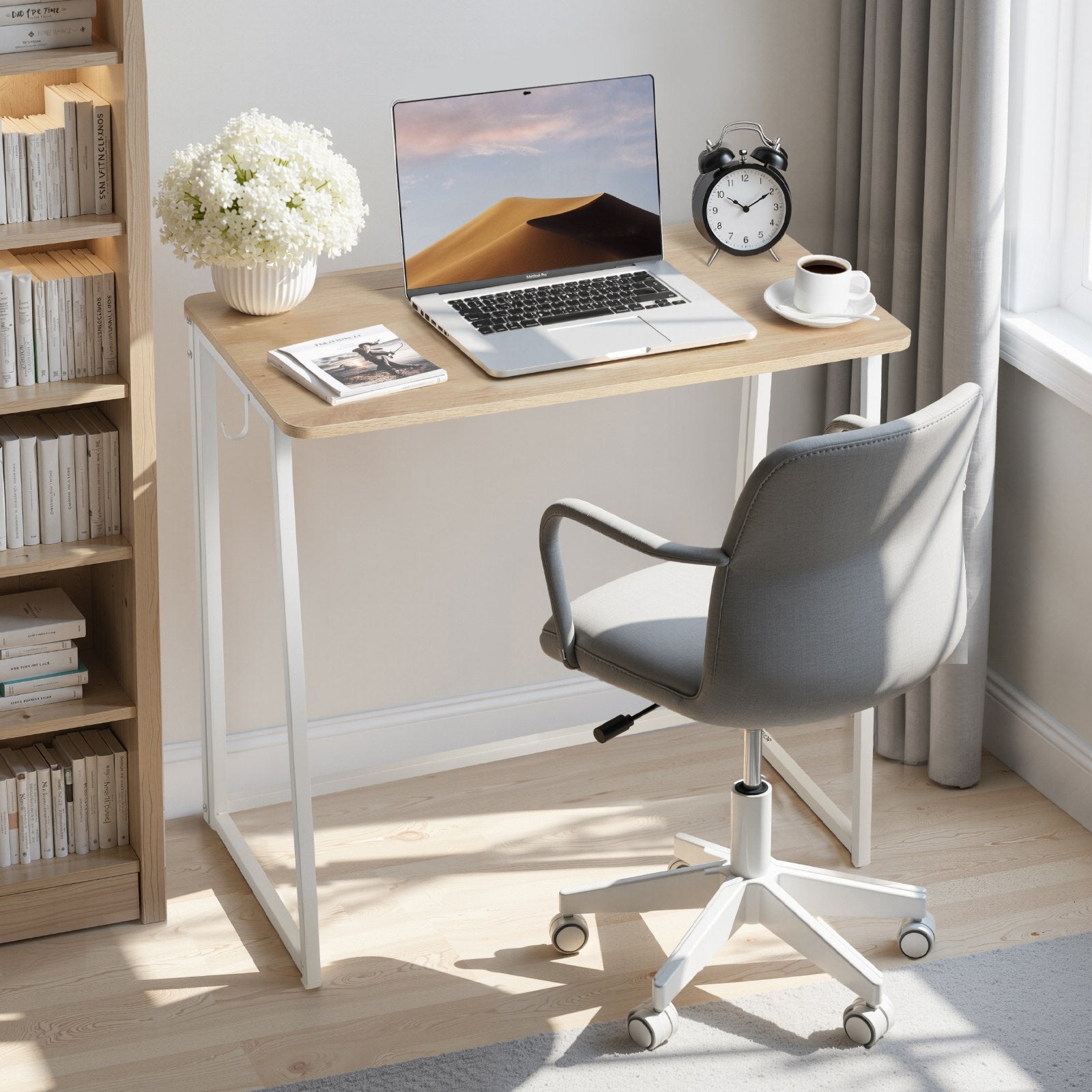 Compact Folding Desk with Storage Hooks, 31.5" Space-Saving Computer Table for Home Office, Easy Assembly, Oak Finish, Multi-Purpose Use