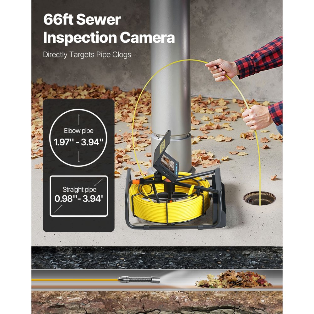 Long Sewer Inspection Camera with DVR, 65.6FT Cable and 4.3" Display for Plumbing, Drain, and Duct Inspection with LED and Waterproof IP68 Rating