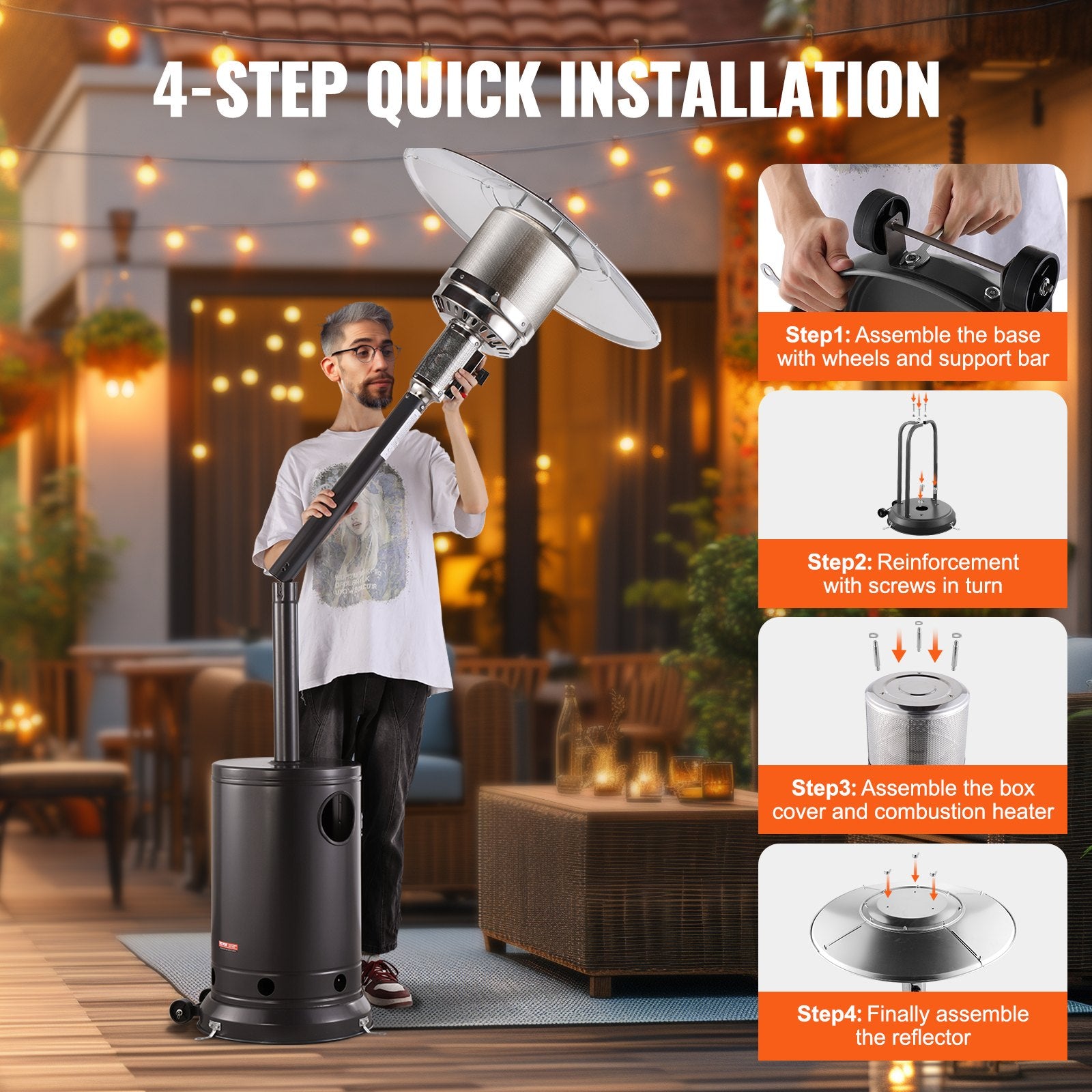 Patio Heater 50000BTU Propane for Outdoor Spaces with Round Table Design, Metal Burner, Wheels, Safe & Easy Ignition, Silver Gray