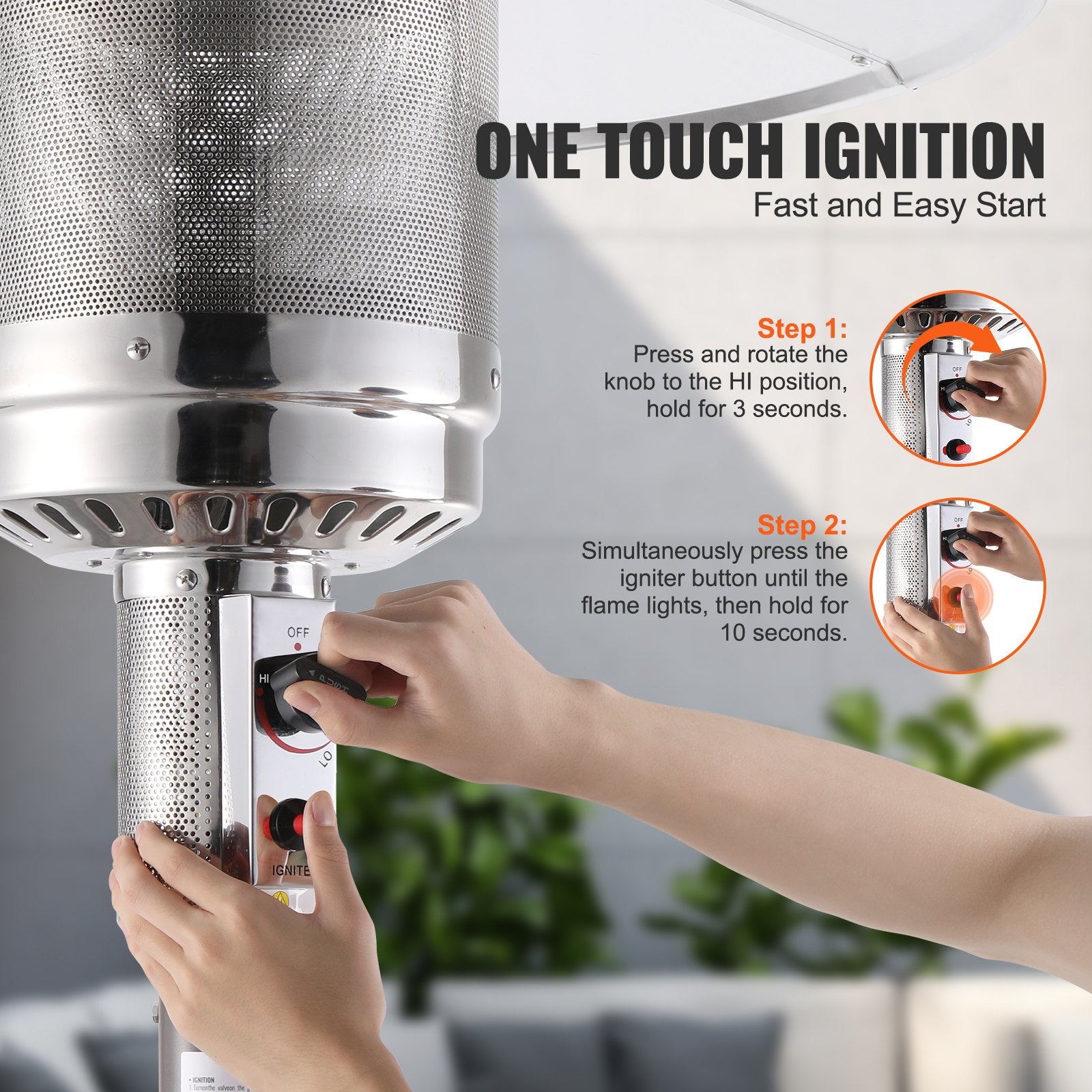 Patio Heater 50000BTU Propane for Outdoor Spaces with Round Table Design, Metal Burner, Wheels, Safe & Easy Ignition, Silver Gray