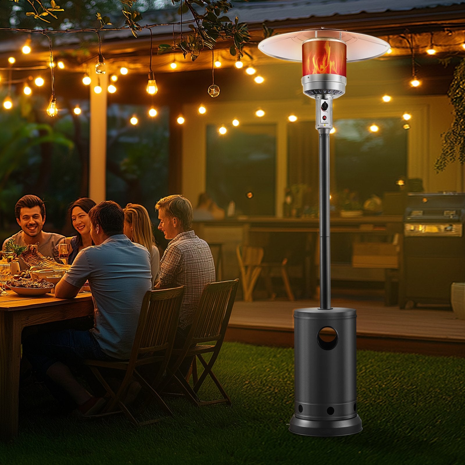 Patio Heater 50000BTU Propane for Outdoor Spaces with Round Table Design, Metal Burner, Wheels, Safe & Easy Ignition, Silver Gray