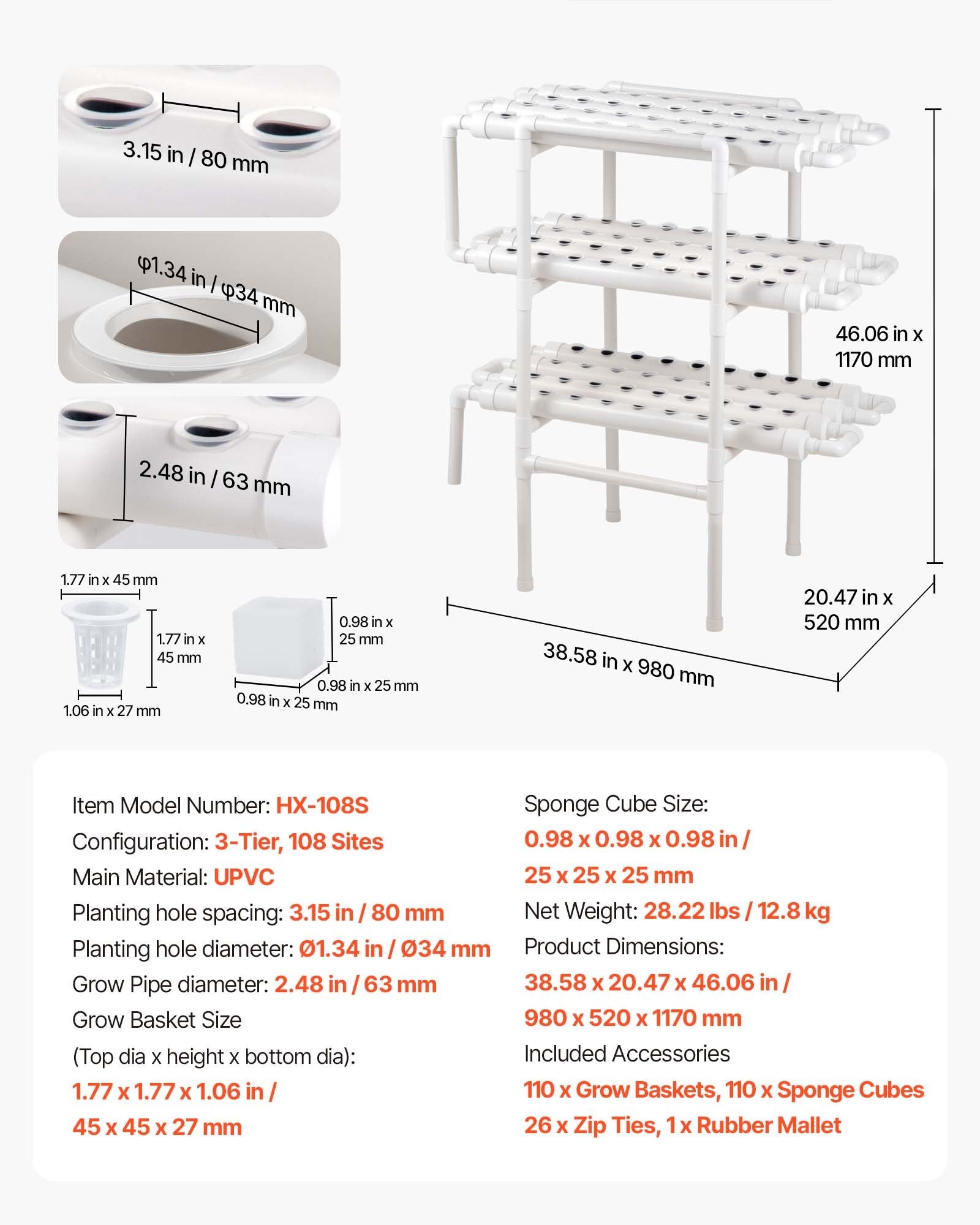 Advanced Hydroponic Garden Kit: 3-Tier System with 108 Sites, Timed Irrigation, UV-Blocking UPVC Pipes for Indoor Vegetables and Herbs