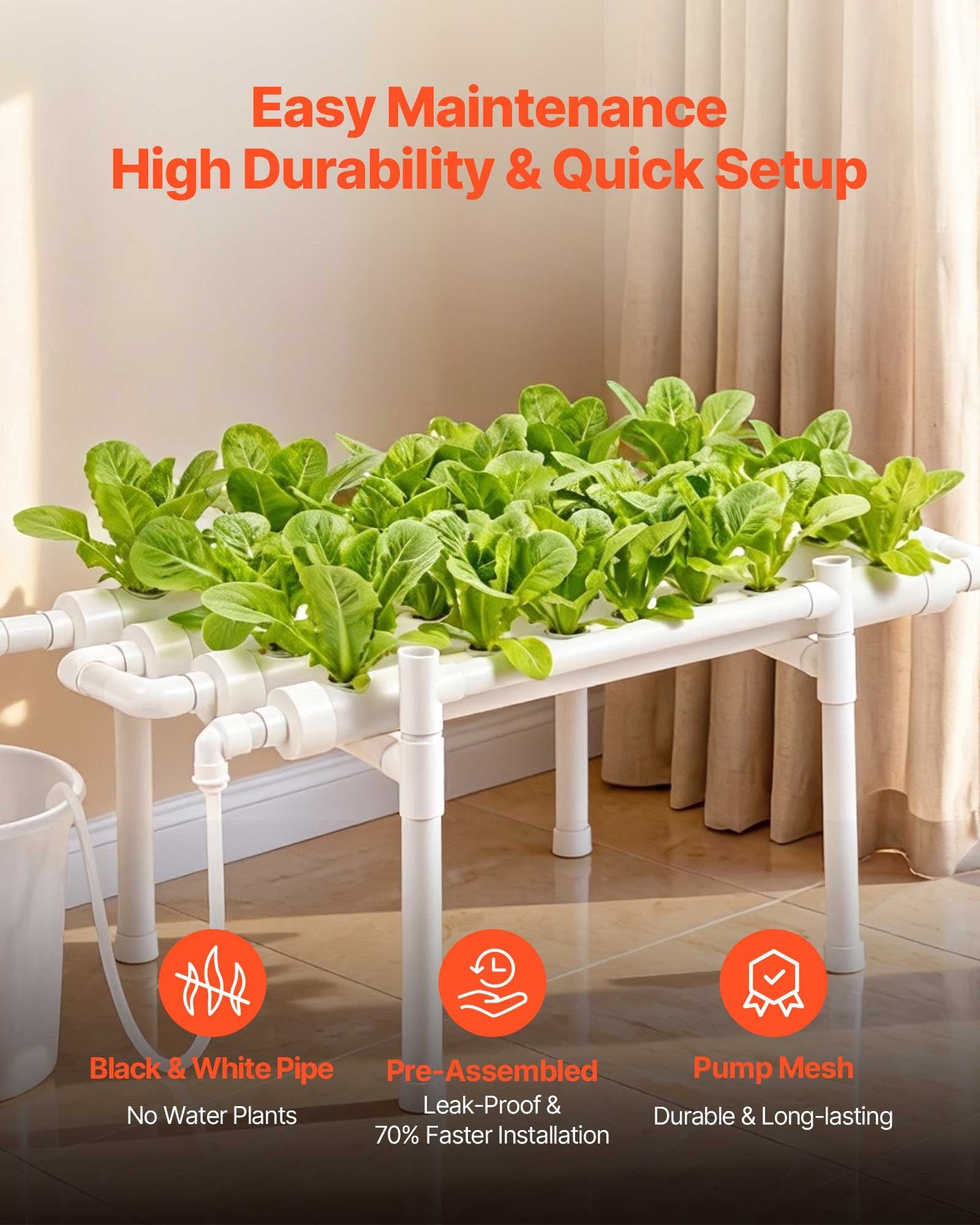 1-Tier 36-Site Hydroponic Grow Kit with Timed Irrigation, Sun-Blocking UPVC Pipes for Indoor Home Garden Vegetables & Herbs