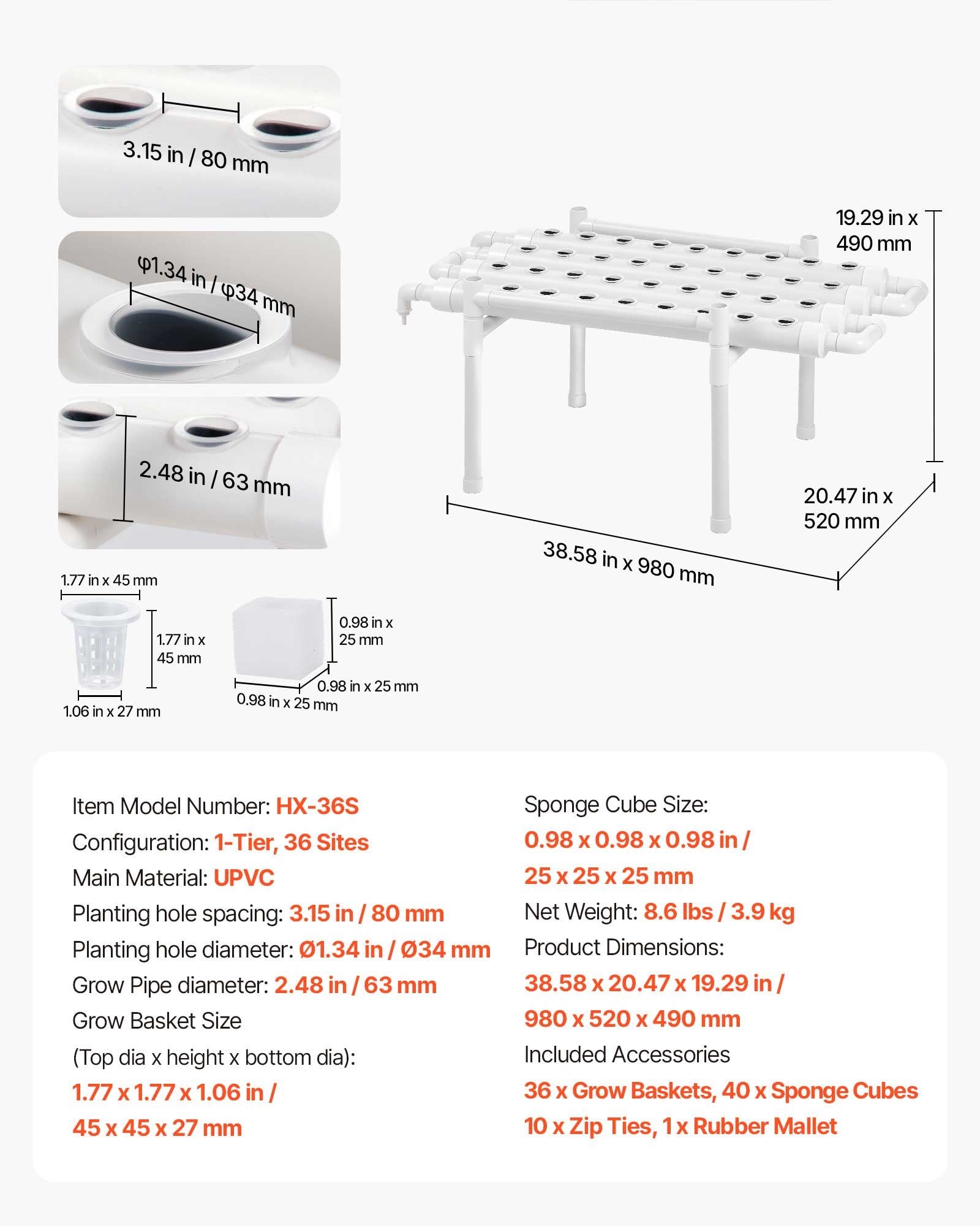 1-Tier 36-Site Hydroponic Grow Kit with Timed Irrigation, Sun-Blocking UPVC Pipes for Indoor Home Garden Vegetables & Herbs