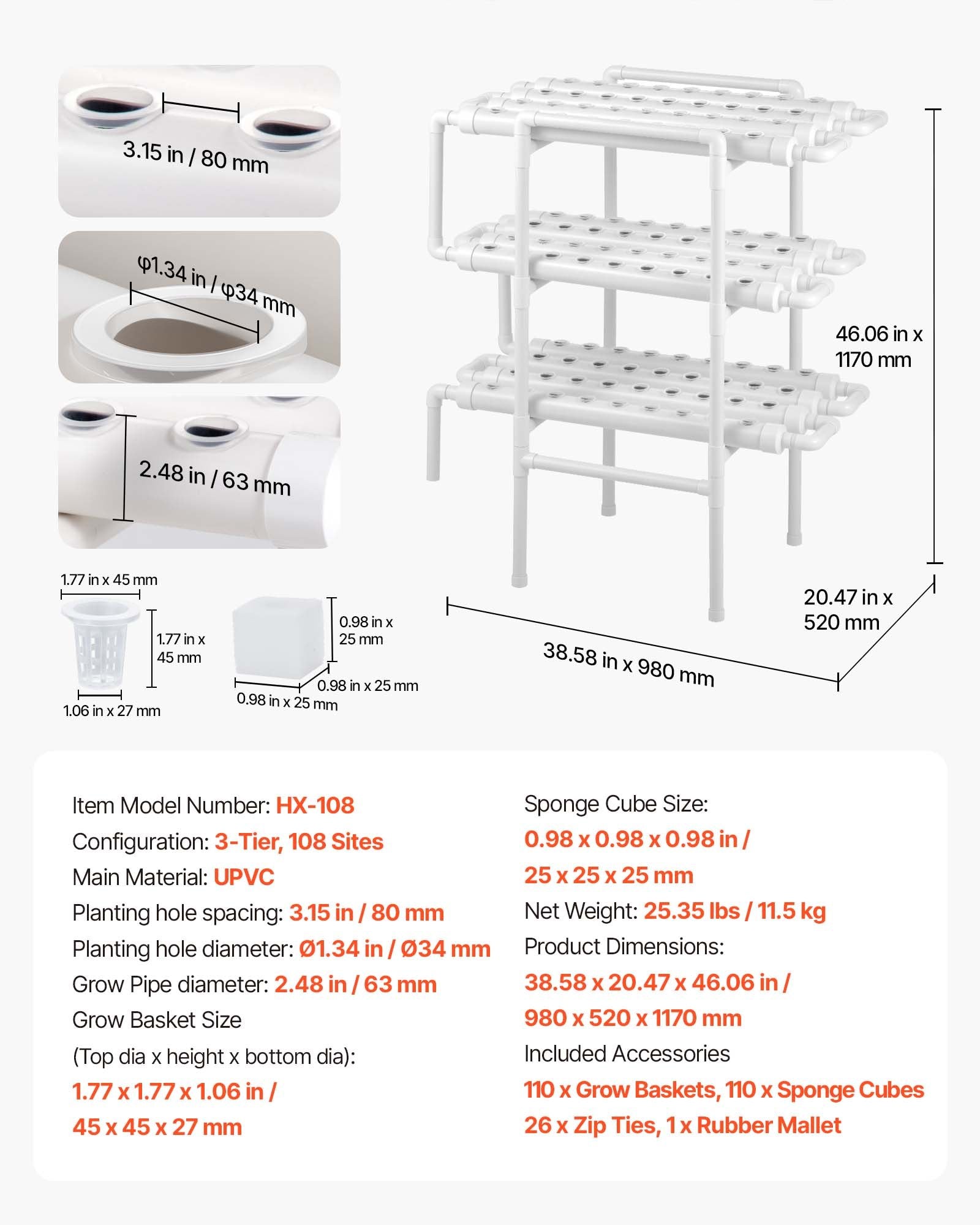 3-Tier Hydroponic Growing System Kit with 108 Sites, Timed Irrigation, Thickened UPVC Pipes for Indoor Home Garden Vegetables and Herbs