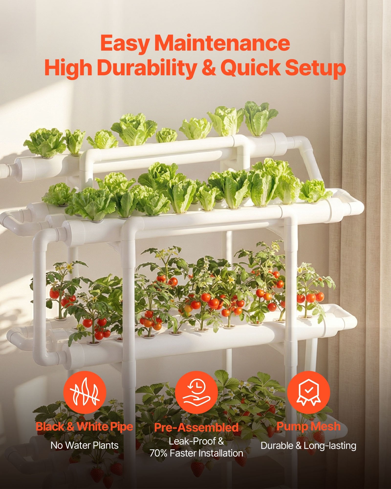 3-Tier Hydroponic Grow Kit with 90 Sites, Timed Irrigation, Sunlight Blocking Pipes for Indoor Home Garden, Fruit & Herb Planting