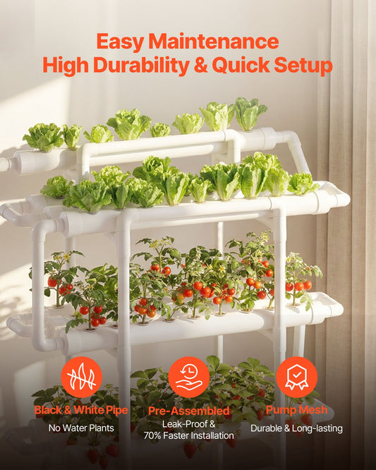 3-Tier Hydroponic Grow Kit with 90 Sites, Timed Irrigation, Sunlight Blocking Pipes for Indoor Home Garden, Fruit & Herb Planting