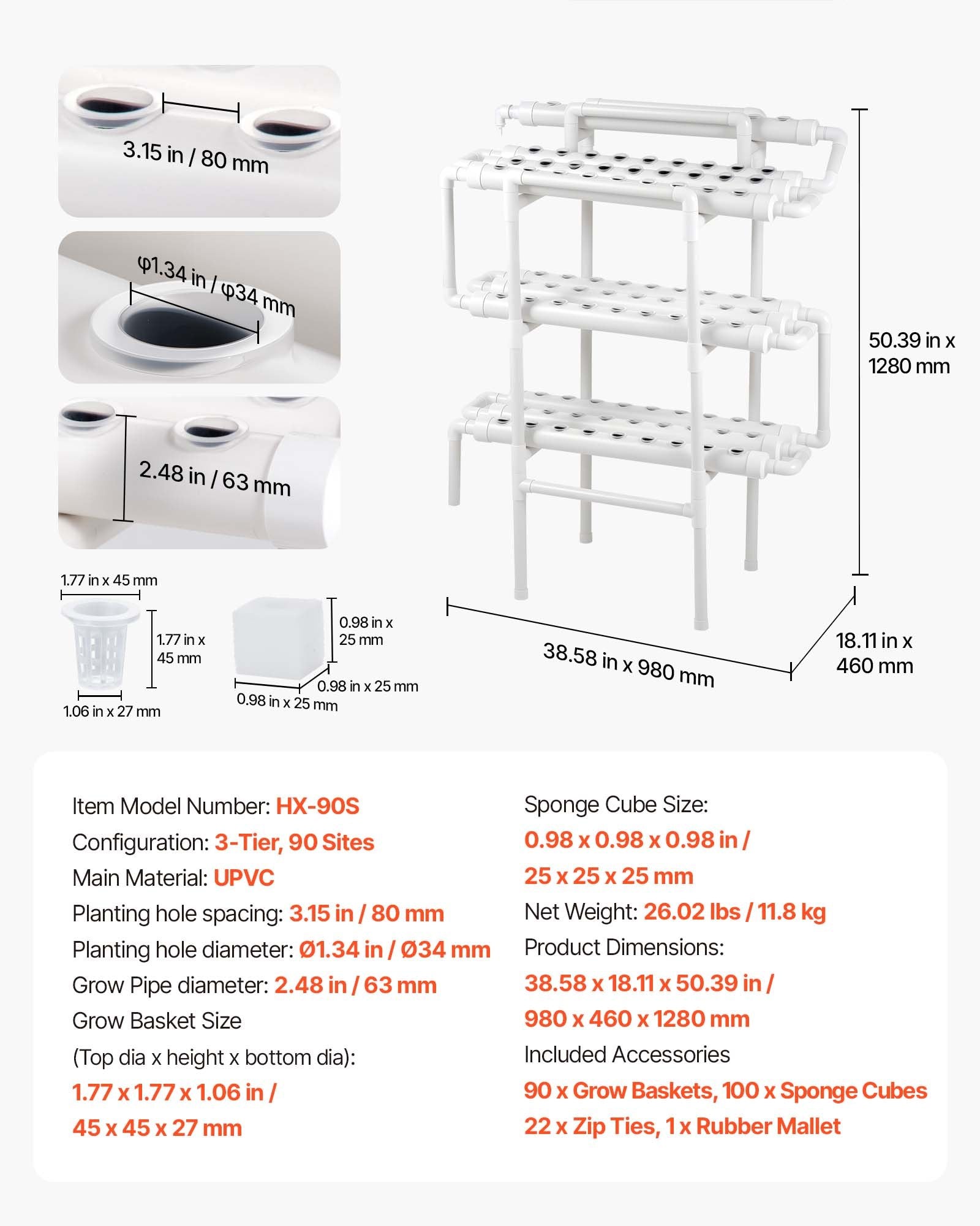 3-Tier Hydroponic Grow Kit with 90 Sites, Timed Irrigation, Sunlight Blocking Pipes for Indoor Home Garden, Fruit & Herb Planting