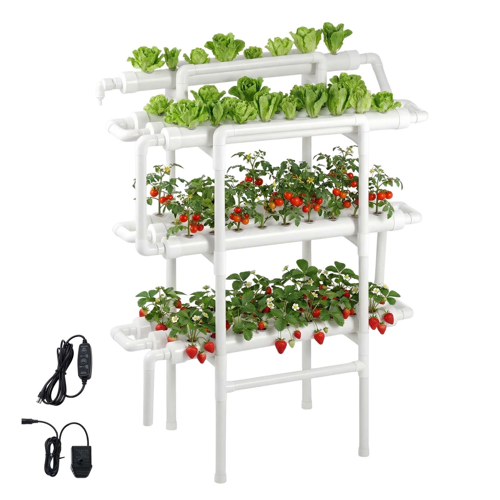 3-Tier Hydroponic Grow Kit with 90 Sites, Timed Irrigation, Sunlight Blocking Pipes for Indoor Home Garden, Fruit & Herb Planting
