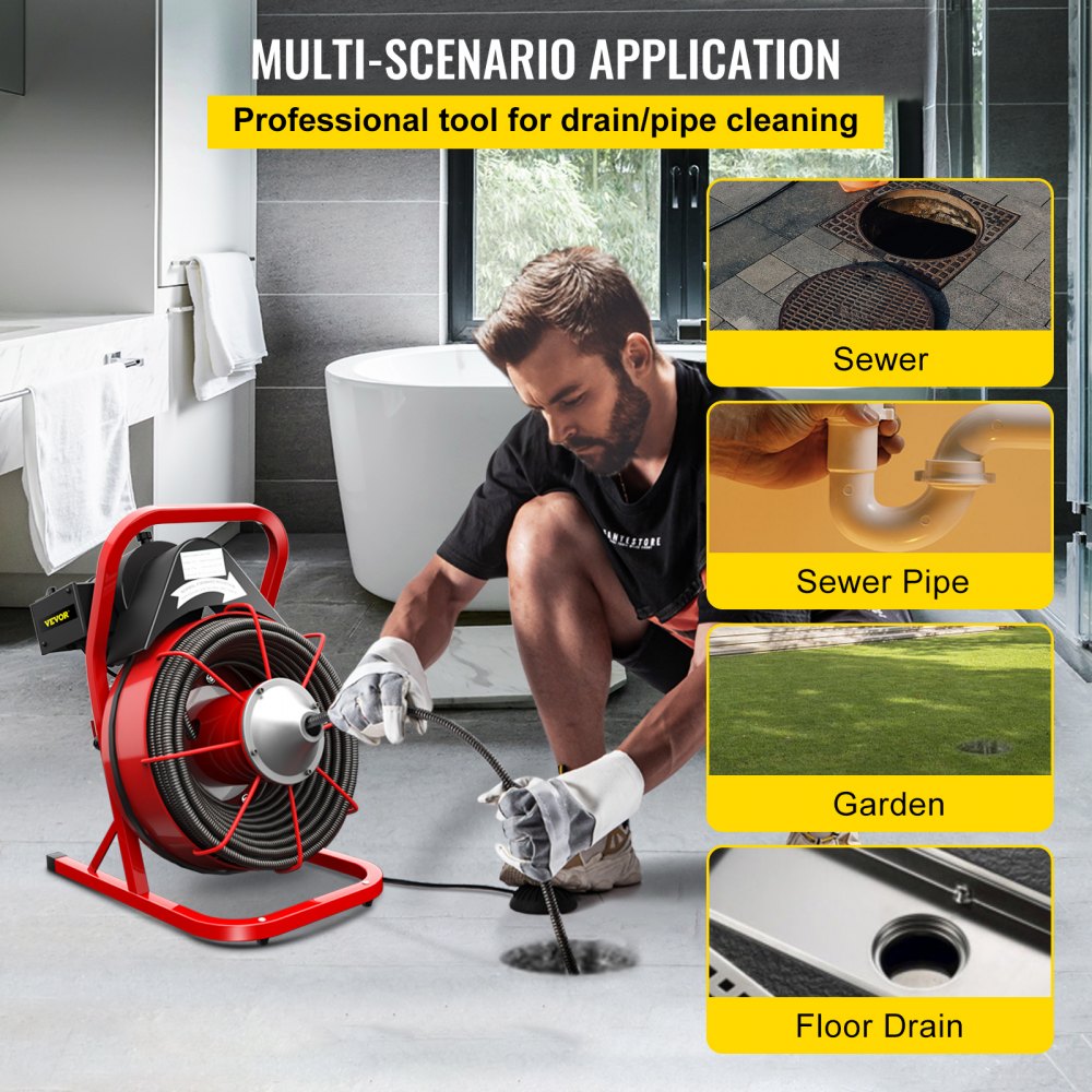 VEVOR Drain Cleaner Machine, 75' x 3/8" Electric Drain Auger, 250 W Electric Drain Pipe Cleaner, Sewer Clog with Cutters, Glove Drain Auger Cleaner Sewer Snake, Sewer Snake Machine Manual Feeding