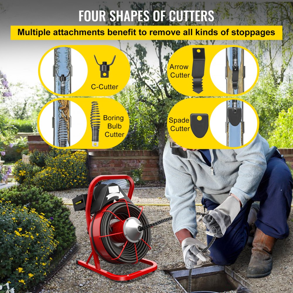 VEVOR Drain Cleaner Machine, 75' x 3/8" Electric Drain Auger, 250 W Electric Drain Pipe Cleaner, Sewer Clog with Cutters, Glove Drain Auger Cleaner Sewer Snake, Sewer Snake Machine Manual Feeding