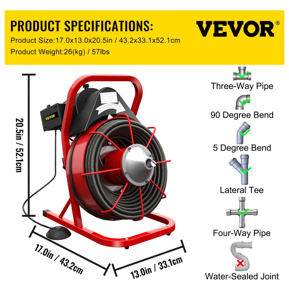 VEVOR Drain Cleaner Machine, 75' x 3/8" Electric Drain Auger, 250 W Electric Drain Pipe Cleaner, Sewer Clog with Cutters, Glove Drain Auger Cleaner Sewer Snake, Sewer Snake Machine Manual Feeding