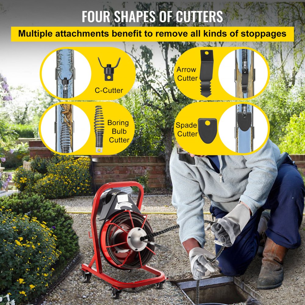 VEVOR Electric Drain Auger, 75\' x 3/8\", 250W Drain Cleaner Machine Fit 2\'\'- 4\'\' Pipes, Hair Catcher for Kitchen Sink, Bathroom Tub, Toilet Clogged, Drains Dredge, Foliose Sewers