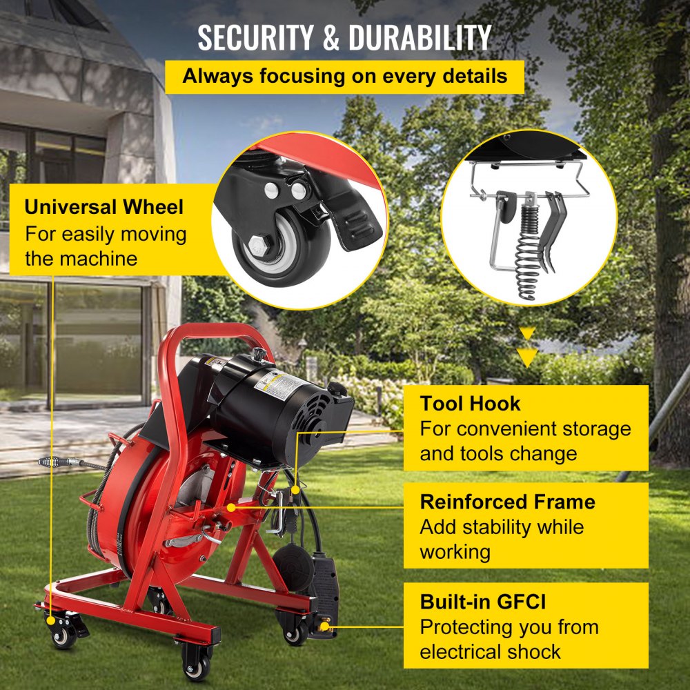 VEVOR Electric Drain Auger, 75\' x 3/8\", 250W Drain Cleaner Machine Fit 2\'\'- 4\'\' Pipes, Hair Catcher for Kitchen Sink, Bathroom Tub, Toilet Clogged, Drains Dredge, Foliose Sewers