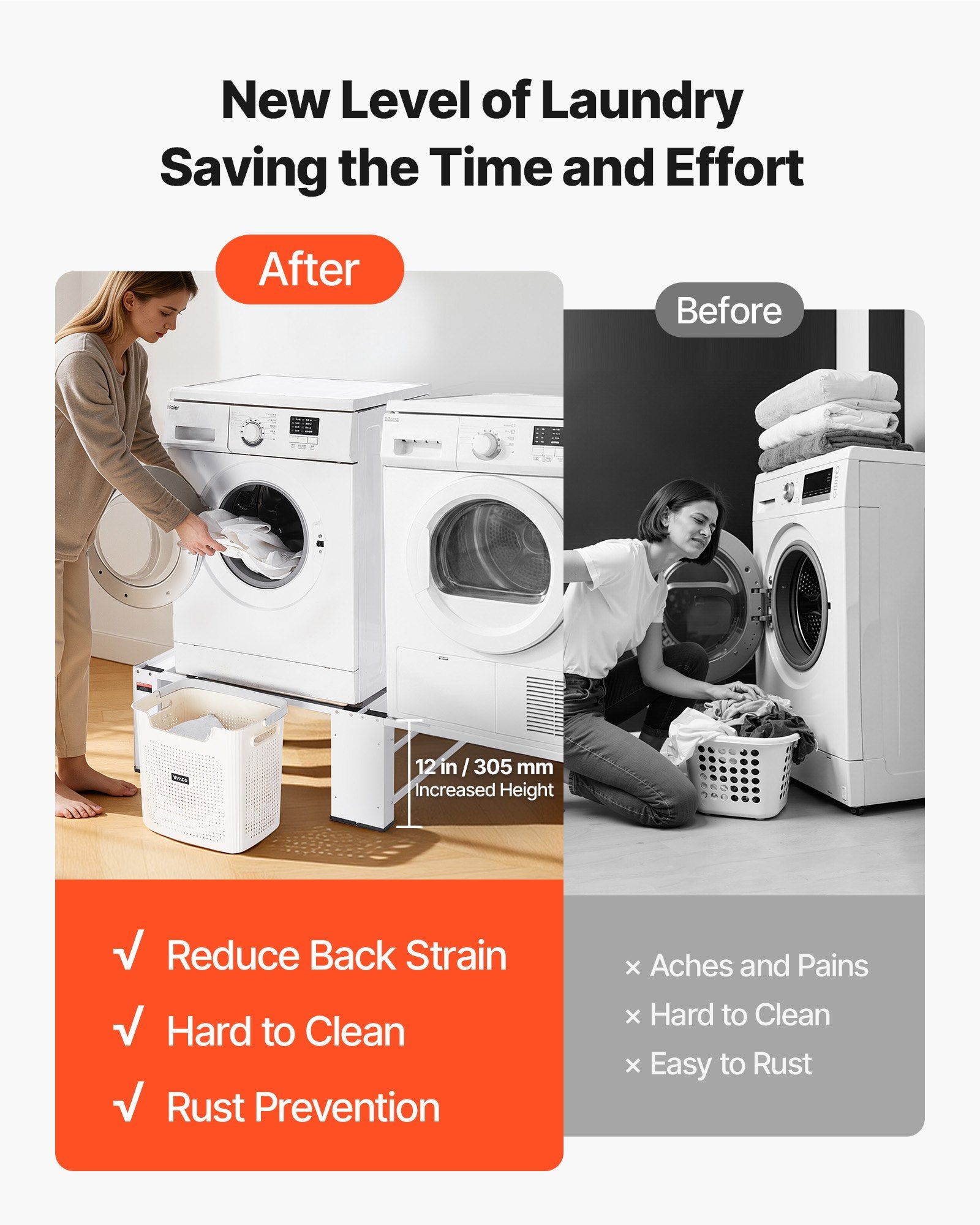 Universal White Laundry Pedestal Set, 12" Height, Supports 700 lbs, Non-Slip, 28.3" x 28.3" Washer Dryer Stand, 2 Pack, Carbon Steel