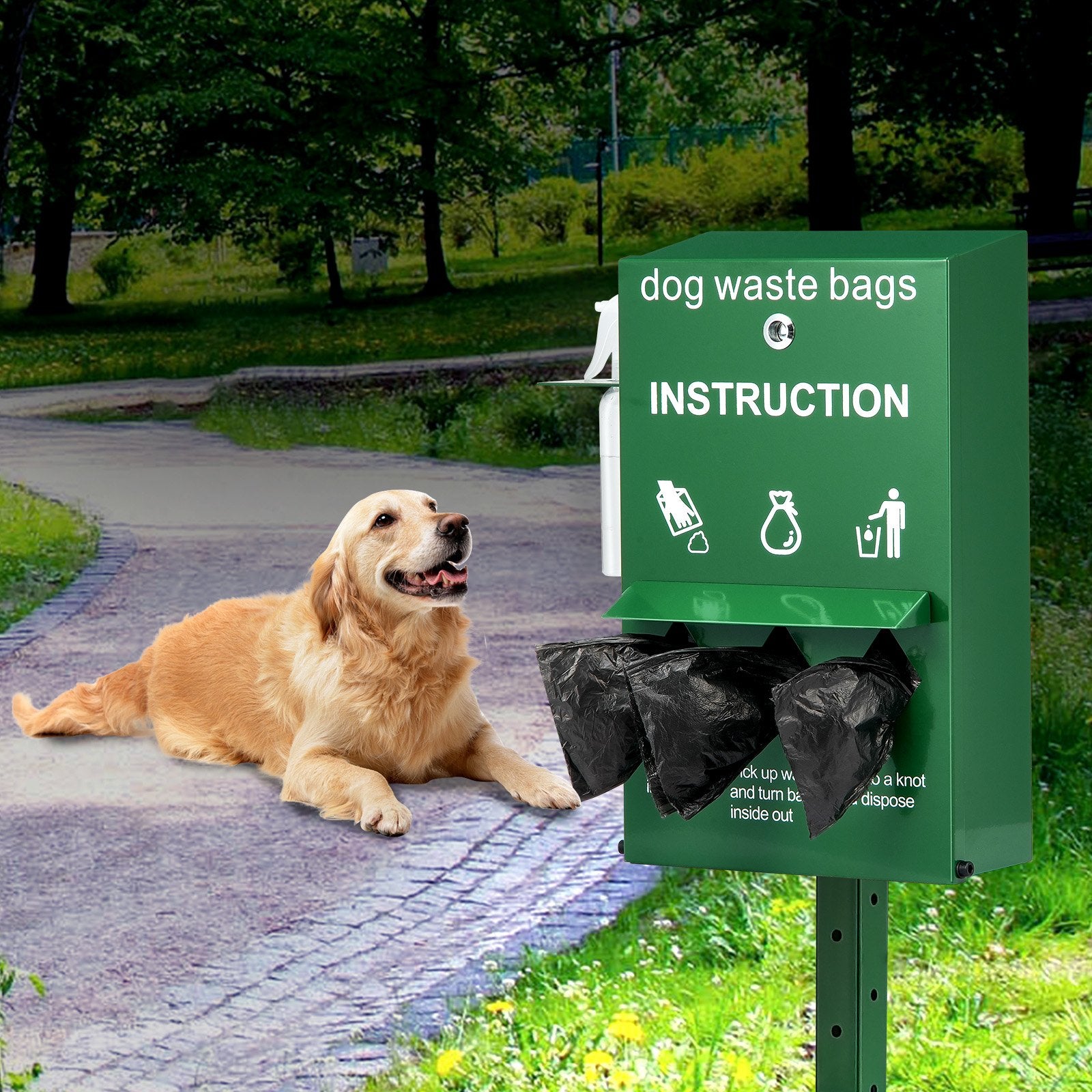 Lockable Dog Poop Bag Dispenser with Hand Wash Bottle, 600 Bags, Stake, Pole, Wall Mount for Outdoor Pet Waste Management Station