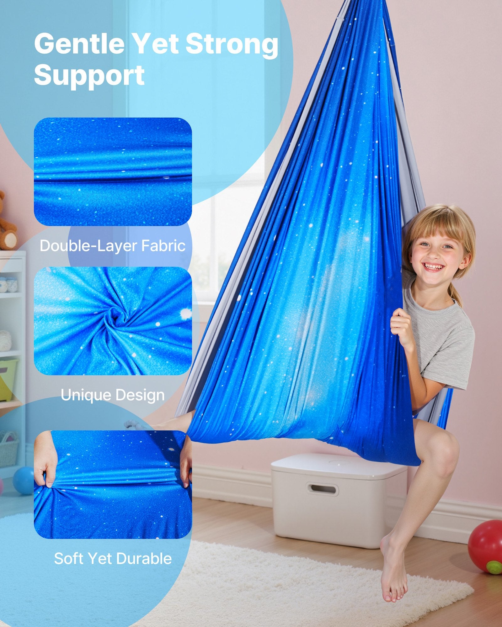 Double-Layer Sensory Hammock Swing for Kids, 360° Swivel Indoor & Outdoor, Adjustable Aerial Yoga, 300lbs Capacity, Easy Setup & Portable