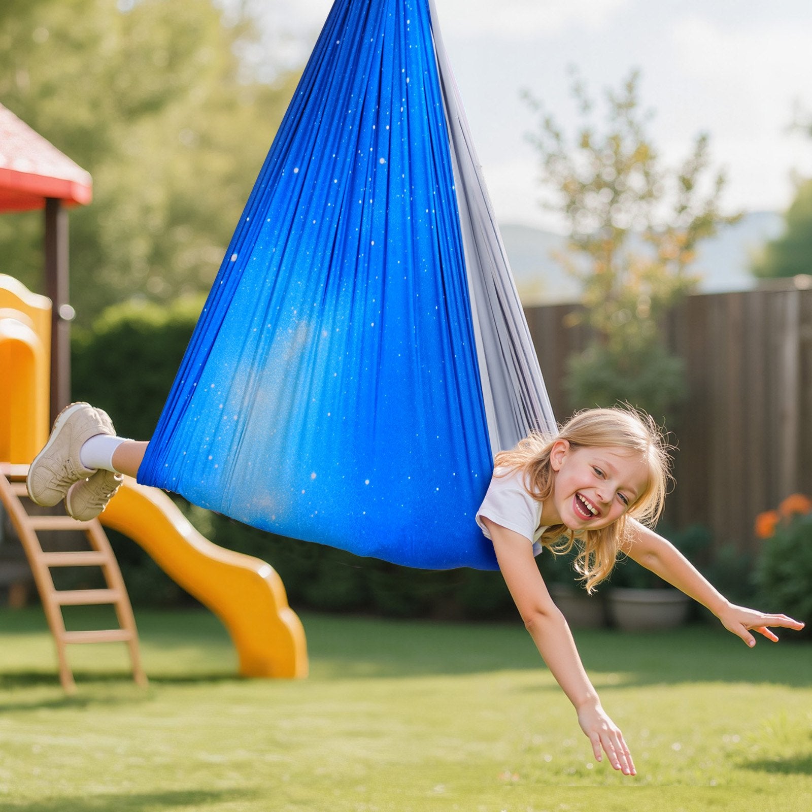 Double-Layer Sensory Hammock Swing for Kids, 360° Swivel Indoor & Outdoor, Adjustable Aerial Yoga, 300lbs Capacity, Easy Setup & Portable