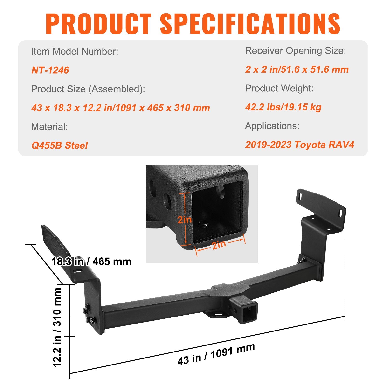 Durable Class 3 Hitch for 2019-2023 Toyota RAV4 - 2-Inch Receiver, 6000 lbs Capacity, Fits Ball Mount, Cargo Carrier & More