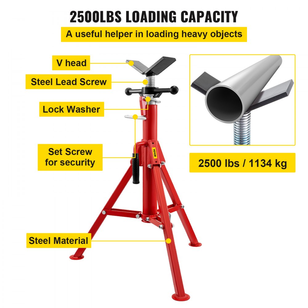 VEVOR V Head Pipe Stand 1/8\"-12\" Capacity,Adjustable Height 28\"-52?,Pipe Jack Stands 2500 lb. Load Capacity,Portable Folding Pipe Stands, Carbon Steel Body More Durable