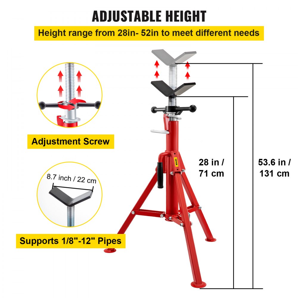 VEVOR V Head Pipe Stand 1/8\"-12\" Capacity,Adjustable Height 28\"-52?,Pipe Jack Stands 2500 lb. Load Capacity,Portable Folding Pipe Stands, Carbon Steel Body More Durable