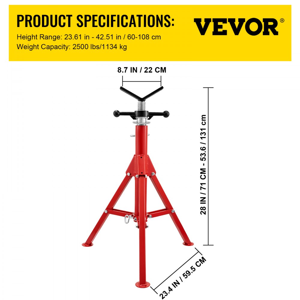 Adjustable V Head Pipe Stand with 1/8"-12" Capacity and 2500 lb Load - Portable and Durable Carbon Steel Construction, Height Range 28"-52"