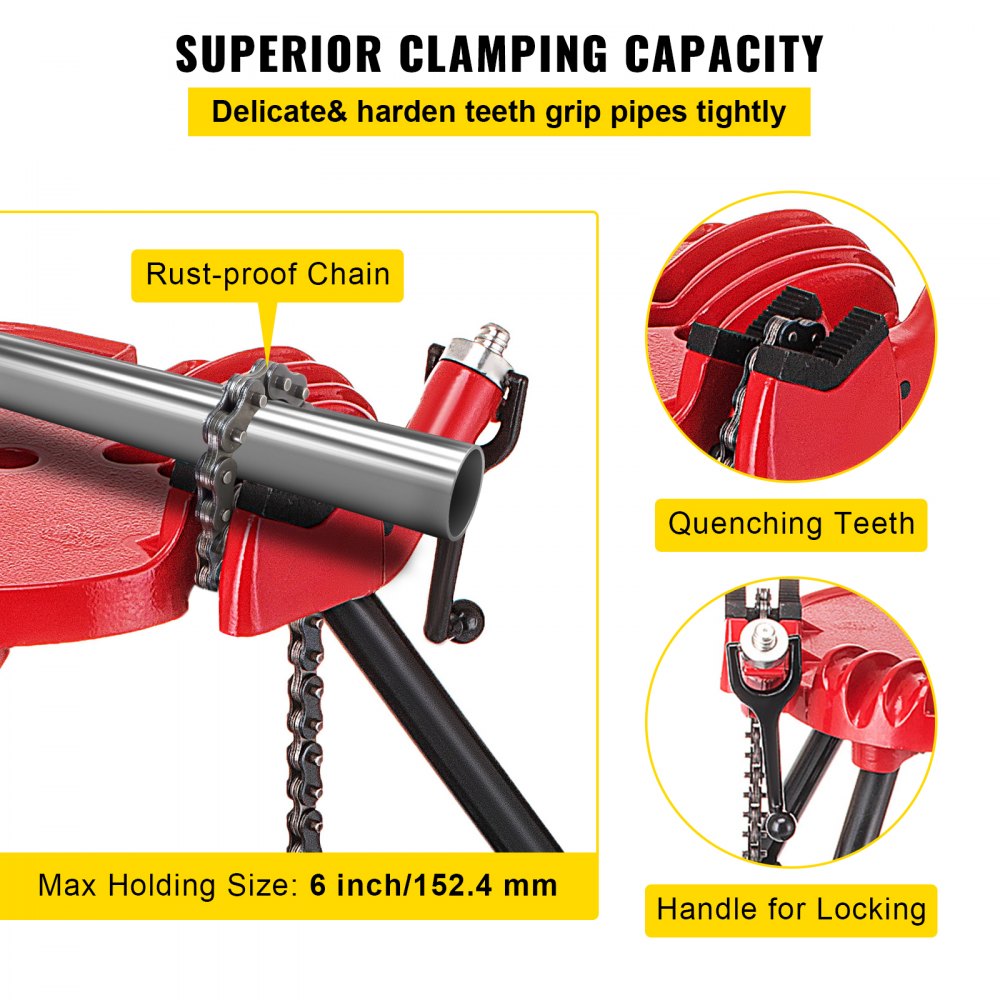 VEVOR 460-6 Tripod Pipe Chain Vise 1/8\"-6\" Capacity,Pipe Stand Portable Foldable Steel Legs,Pipe Jack Stands w/ Tool Tray, Tripod Stand Chain Vise Ideal for a Variety of Pipe Materials