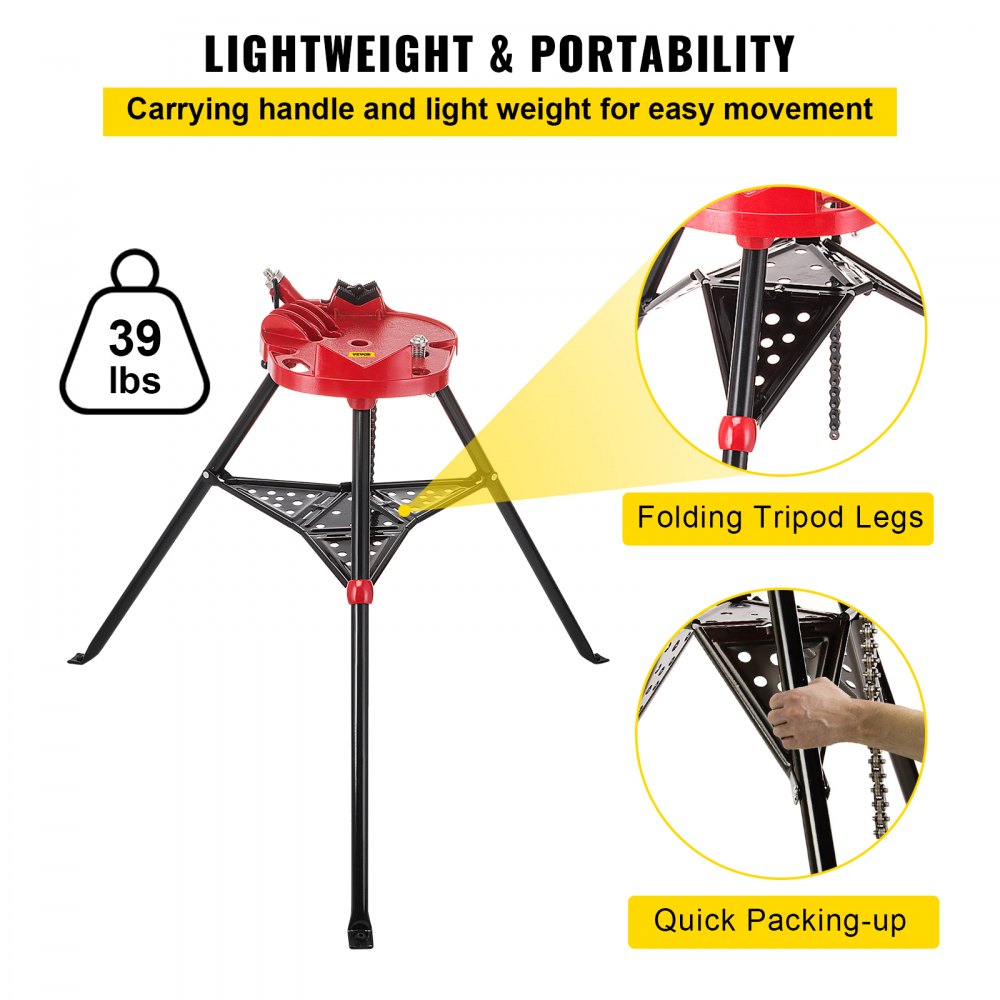 VEVOR 460-6 Tripod Pipe Chain Vise 1/8\"-6\" Capacity,Pipe Stand Portable Foldable Steel Legs,Pipe Jack Stands w/ Tool Tray, Tripod Stand Chain Vise Ideal for a Variety of Pipe Materials