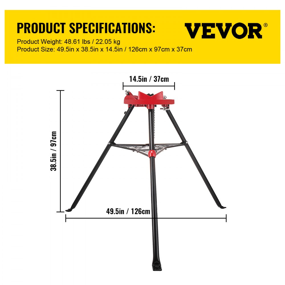 VEVOR 460-6 Tripod Pipe Chain Vise 1/8\"-6\" Capacity,Pipe Stand Portable Foldable Steel Legs,Pipe Jack Stands w/ Tool Tray, Tripod Stand Chain Vise Ideal for a Variety of Pipe Materials