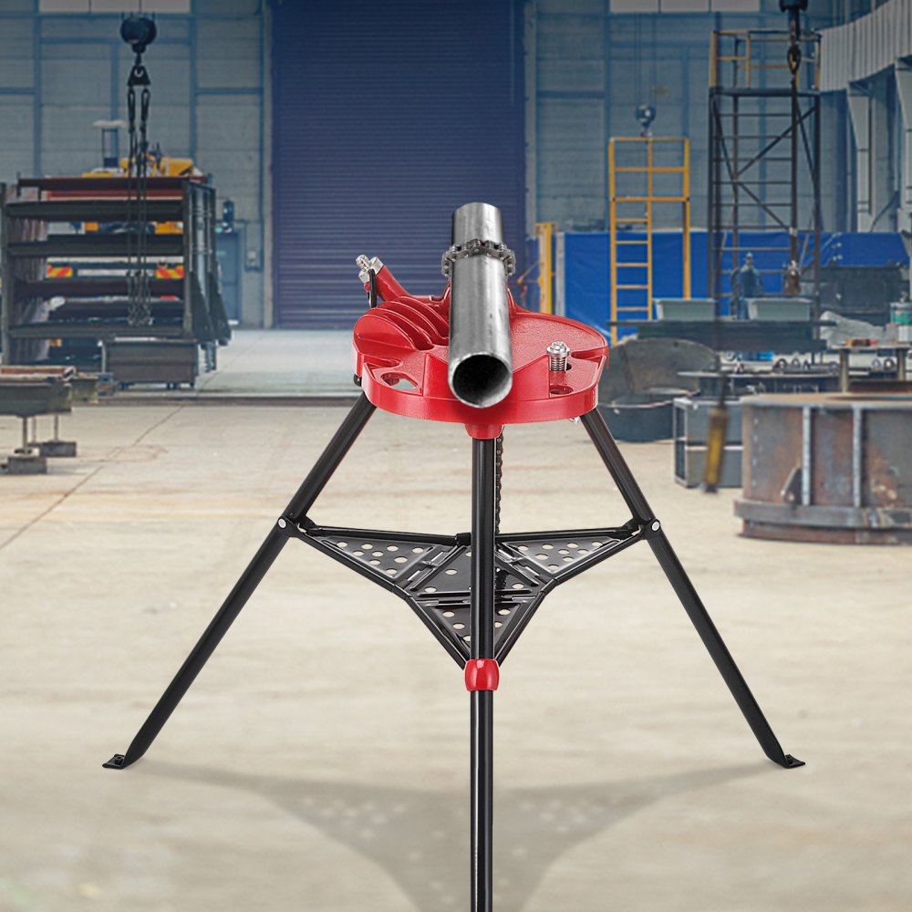 VEVOR 460-6 Tripod Pipe Chain Vise 1/8\"-6\" Capacity,Pipe Stand Portable Foldable Steel Legs,Pipe Jack Stands w/ Tool Tray, Tripod Stand Chain Vise Ideal for a Variety of Pipe Materials