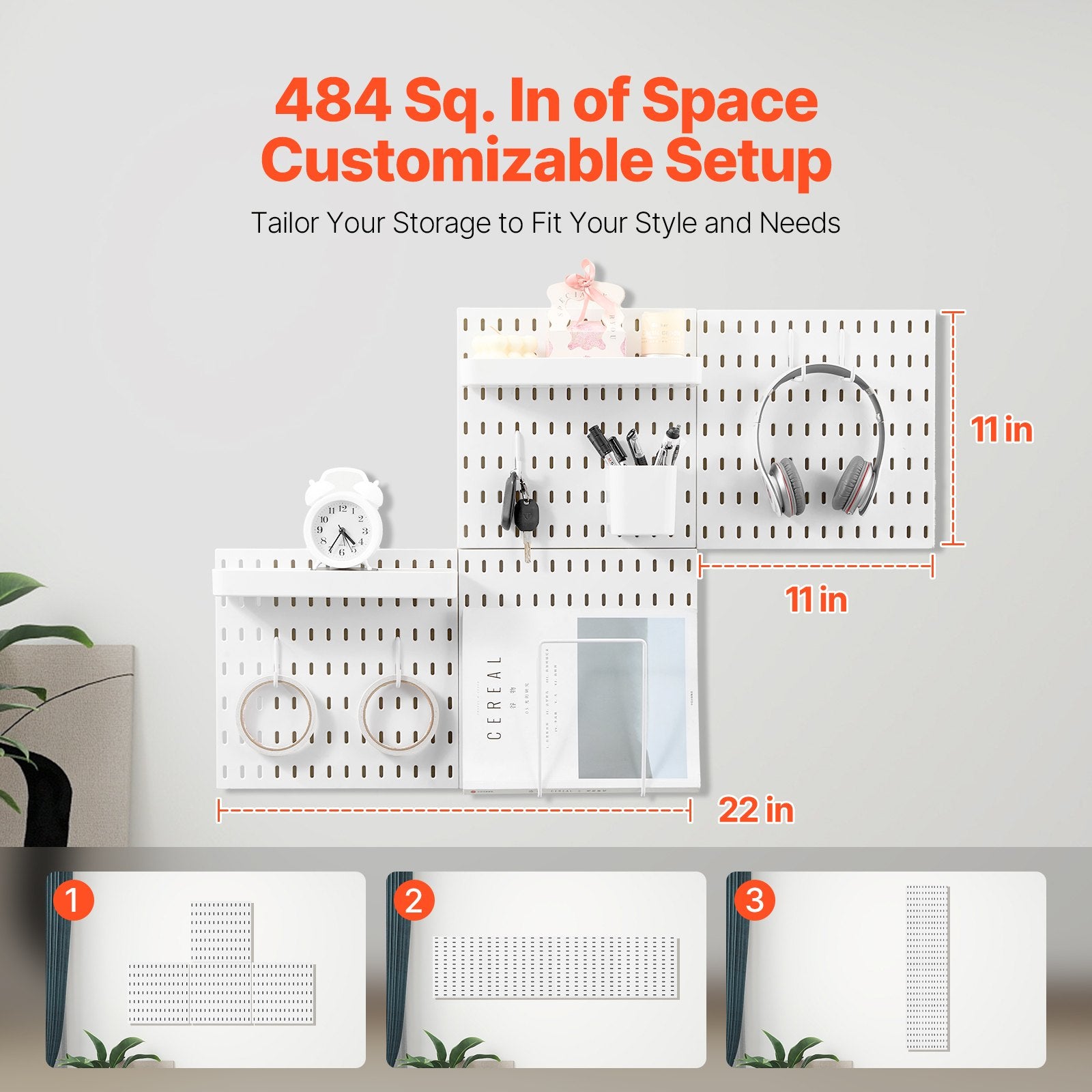 Plastic Pegboard Wall Organizer Kit - 11" x 11" Panels, Versatile Storage for Garage, Kitchen, Office, Craft Room & More, Easy Install, Durable White Design