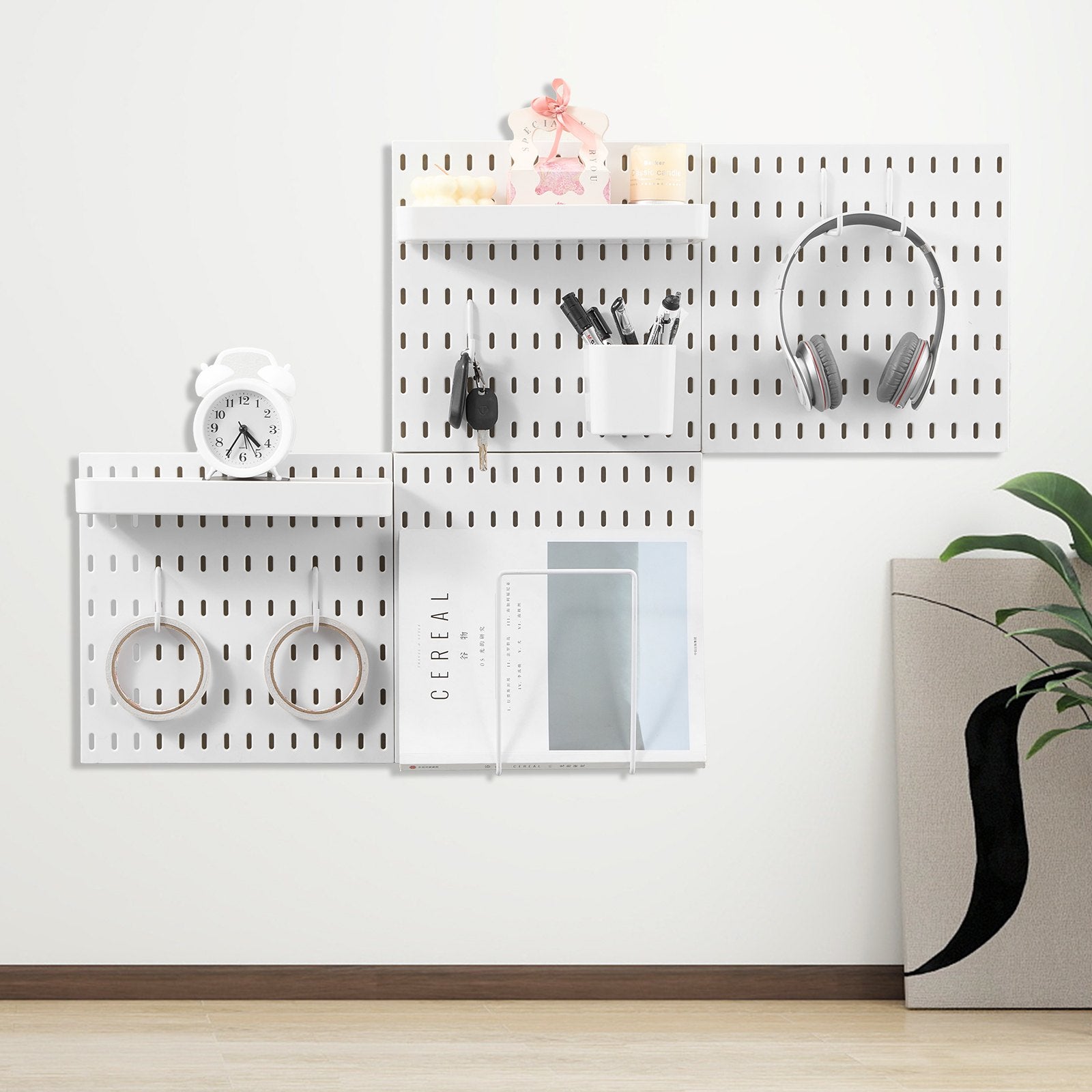 Plastic Pegboard Wall Organizer Kit - 11" x 11" Panels, Versatile Storage for Garage, Kitchen, Office, Craft Room & More, Easy Install, Durable White Design