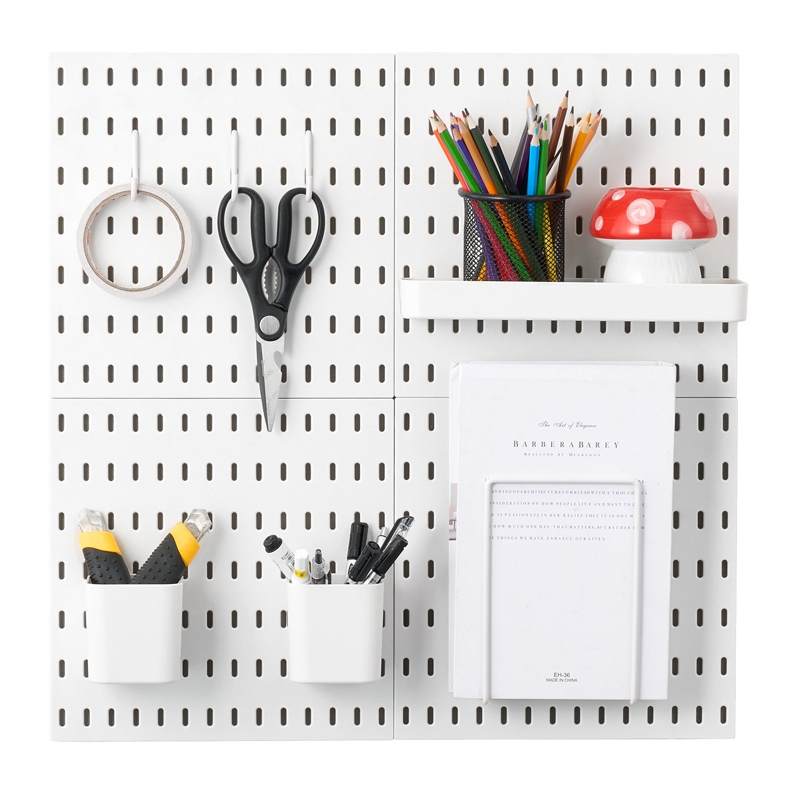 Plastic Pegboard Wall Organizer Kit - 11" x 11" Panels, Versatile Storage for Garage, Kitchen, Office, Craft Room & More, Easy Install, Durable White Design