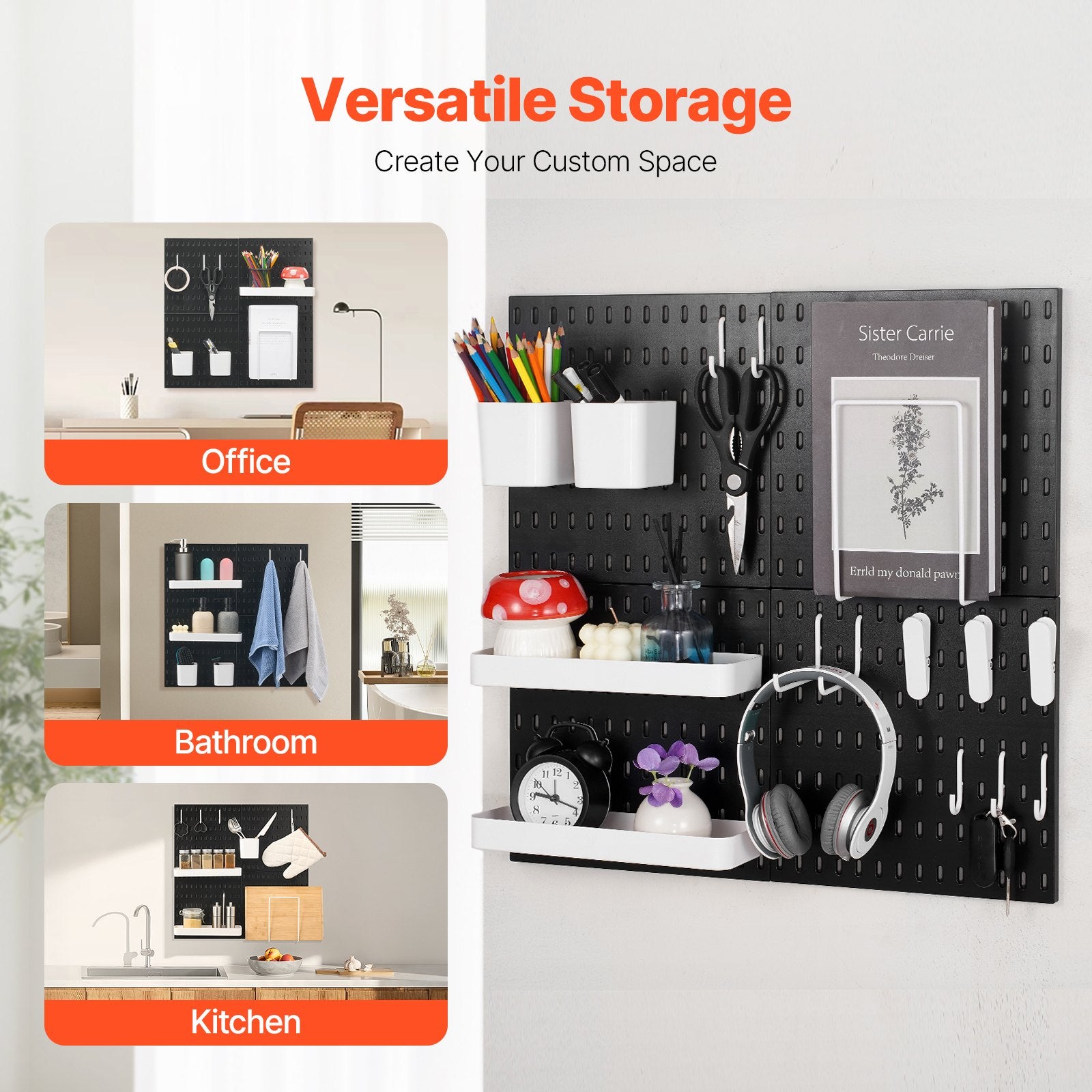 11" x 11" Plastic Pegboard Kit - Black, 4 Panel Wall Organizer for Garage, Kitchen, Craft Room, Office, Easy Install & Durable Storage Solution