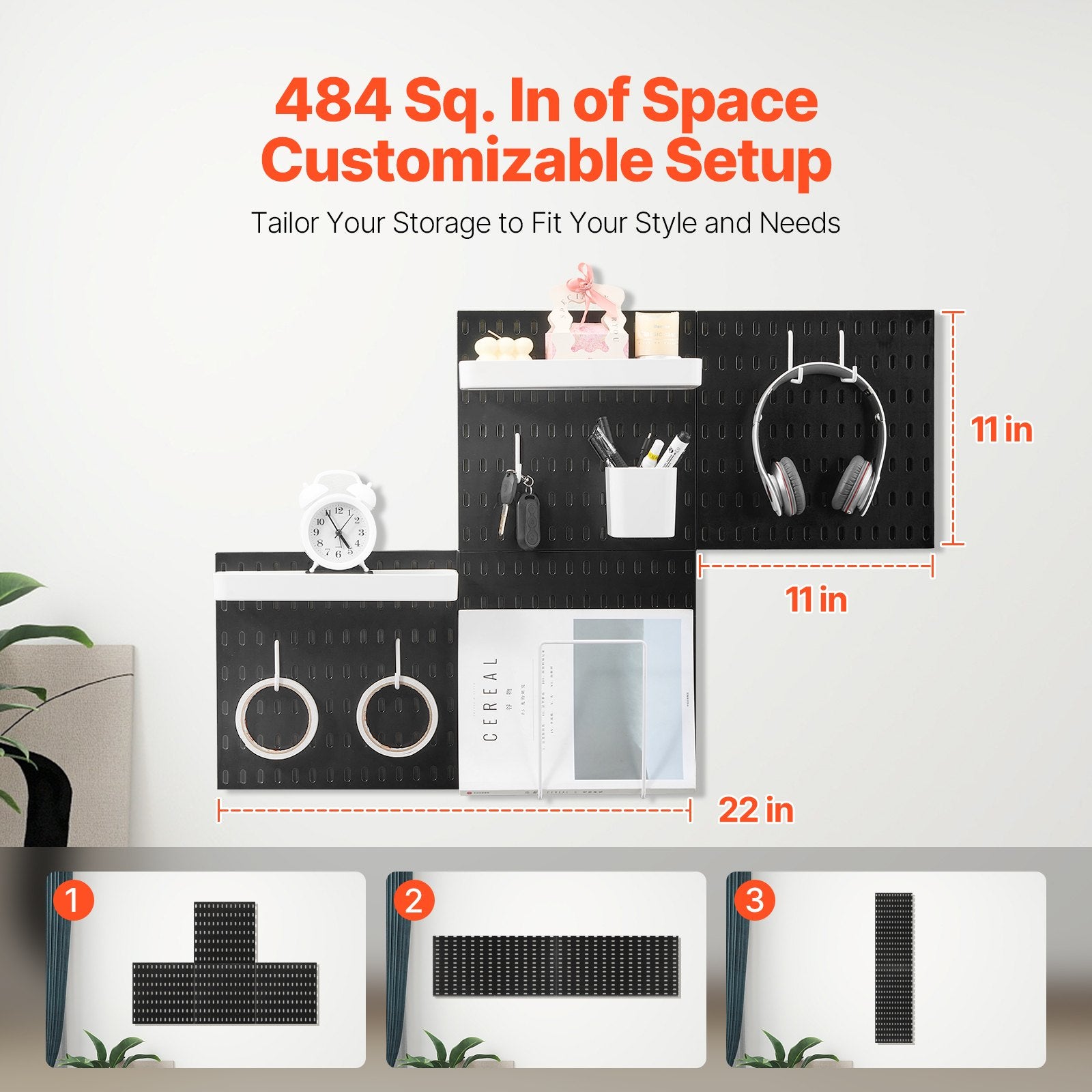 11" x 11" Plastic Pegboard Kit - Black, 4 Panel Wall Organizer for Garage, Kitchen, Craft Room, Office, Easy Install & Durable Storage Solution