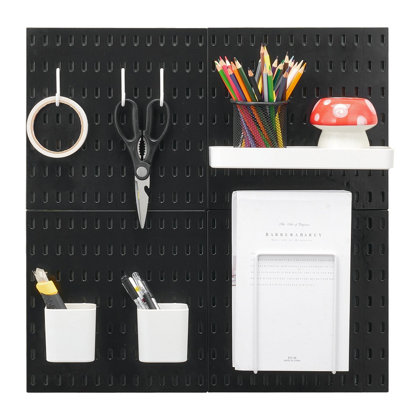 11" x 11" Plastic Pegboard Kit - Black, 4 Panel Wall Organizer for Garage, Kitchen, Craft Room, Office, Easy Install & Durable Storage Solution