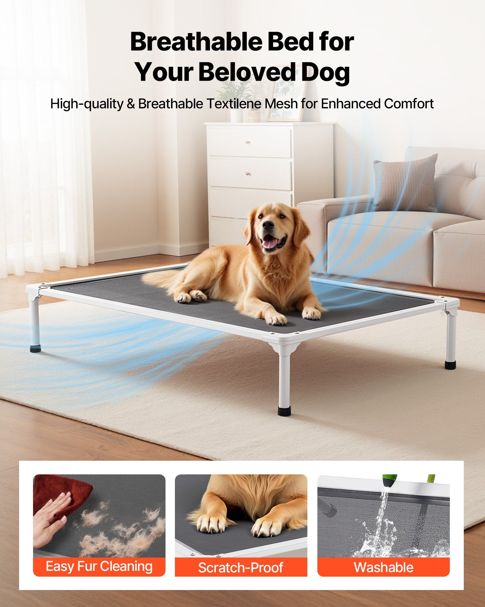 XL Elevated Dog Bed with Heavy-Duty Aluminum Frame, Portable Raised Cot for Large Pets, Breathable Waterproof Mesh, Indoor & Outdoor Cooling Hammock, Grey