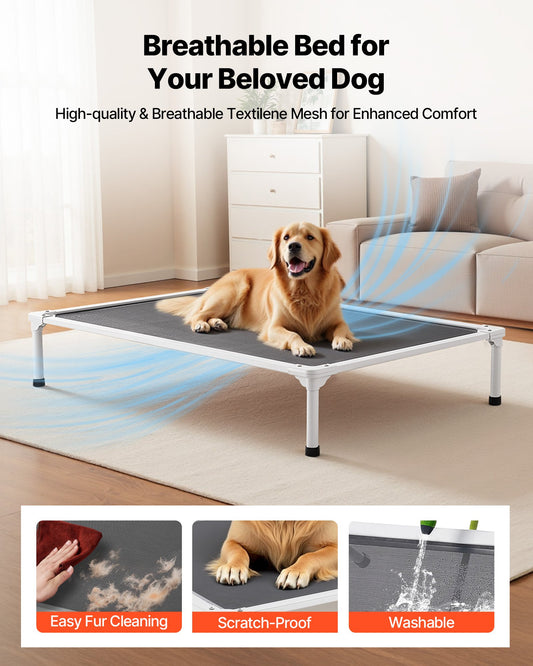 XL Elevated Dog Bed with Heavy-Duty Aluminum Frame, Portable Raised Cot for Large Pets, Breathable Waterproof Mesh, Indoor & Outdoor Cooling Hammock, Grey