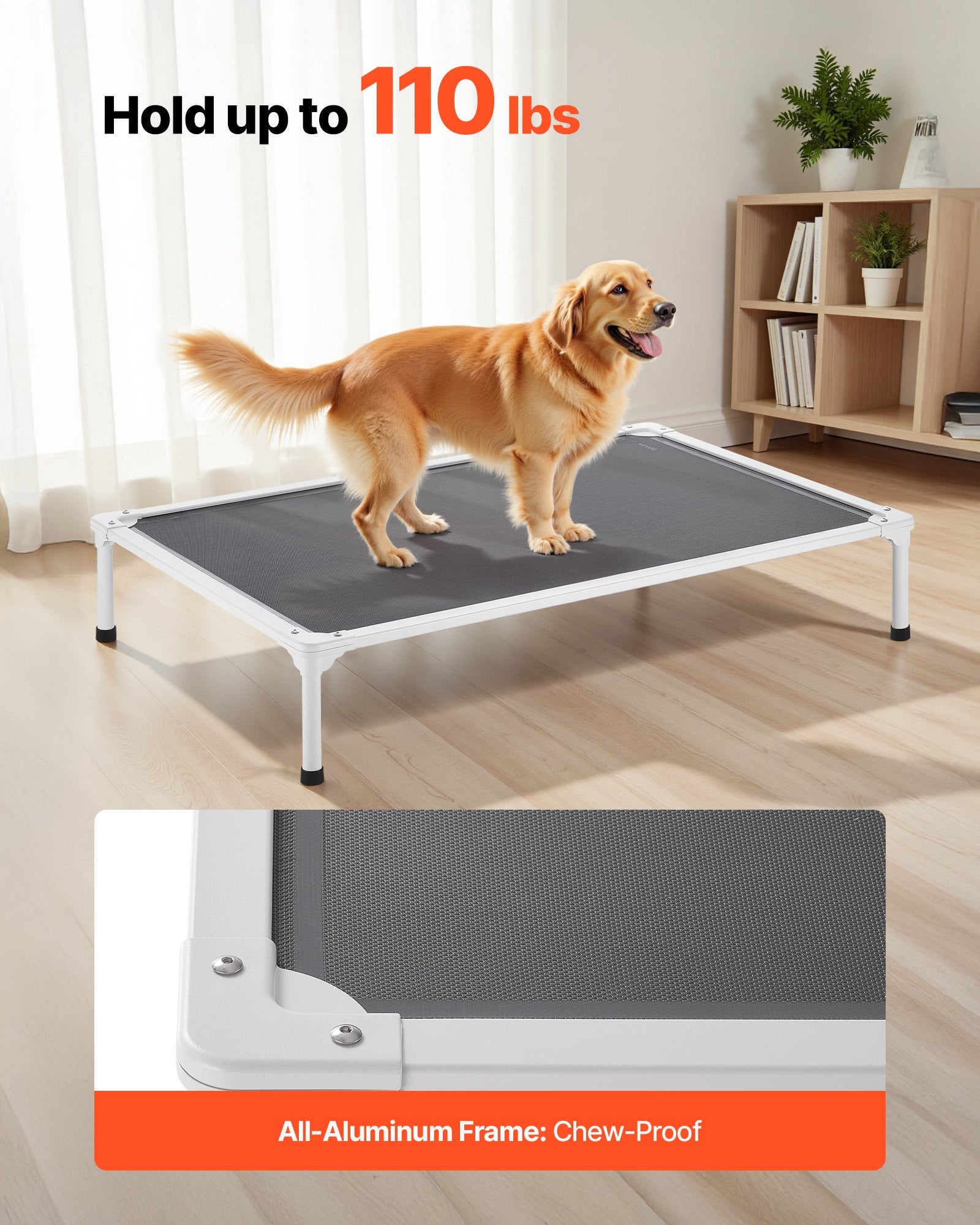XL Elevated Dog Bed with Heavy-Duty Aluminum Frame, Portable Raised Cot for Large Pets, Breathable Waterproof Mesh, Indoor & Outdoor Cooling Hammock, Grey