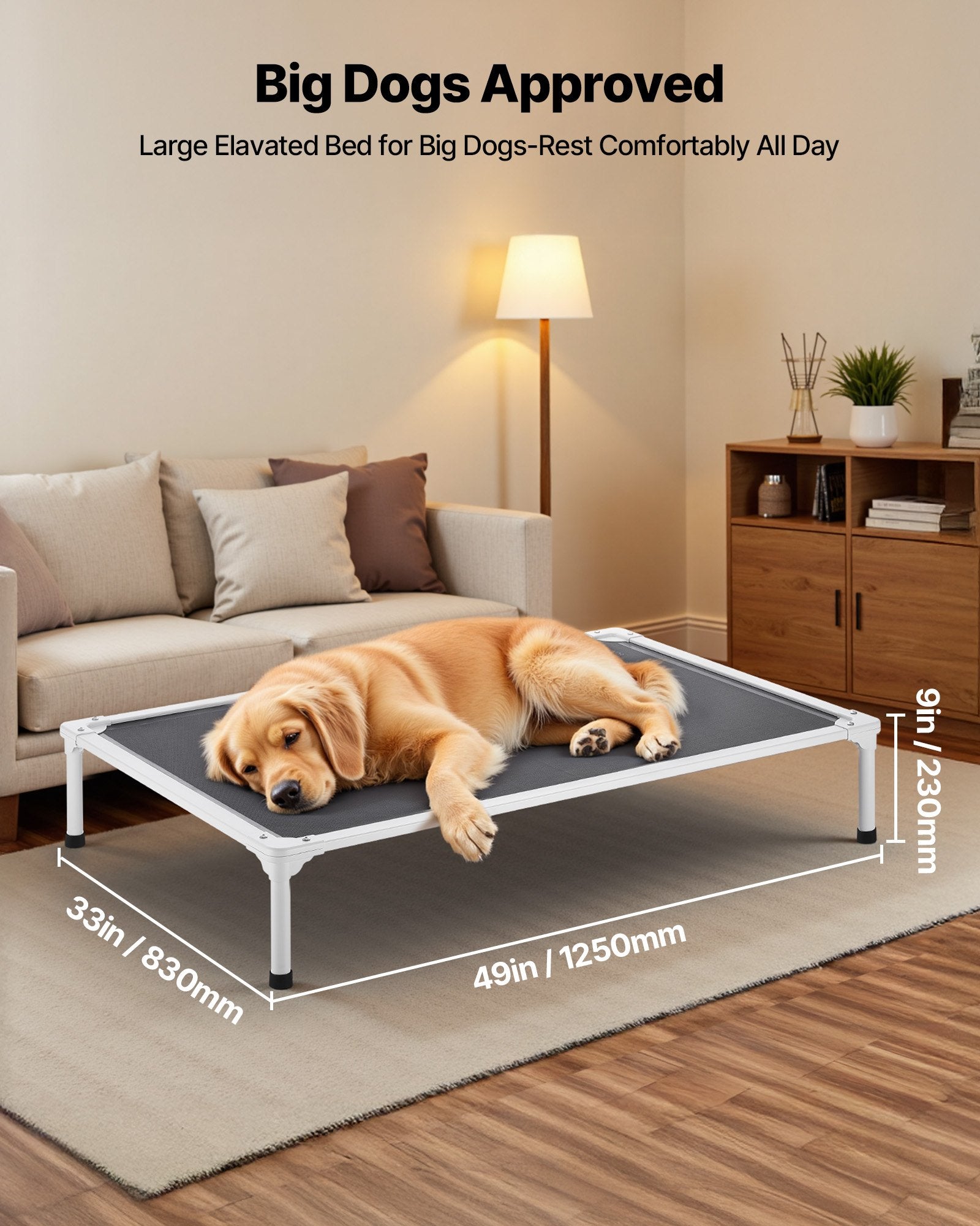 XL Elevated Dog Bed with Heavy-Duty Aluminum Frame, Portable Raised Cot for Large Pets, Breathable Waterproof Mesh, Indoor & Outdoor Cooling Hammock, Grey
