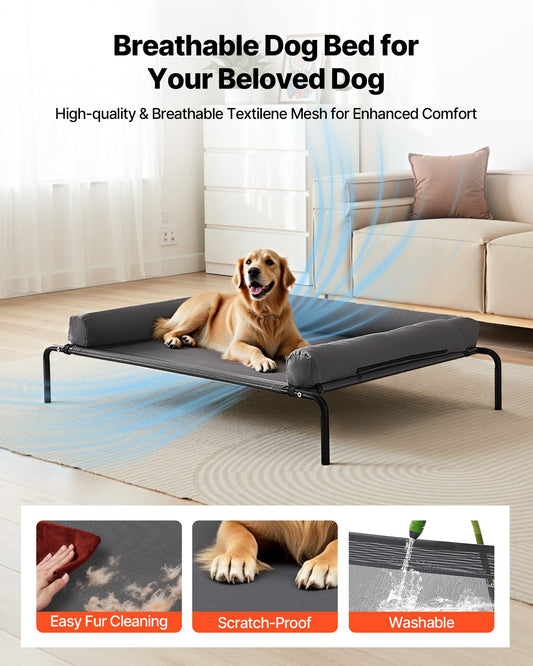 XL Gray Elevated Dog Bed for Large Breeds - Portable Raised Cot with Washable Pillow, Steel Frame, Breathable Mesh, Indoor/Outdoor Use