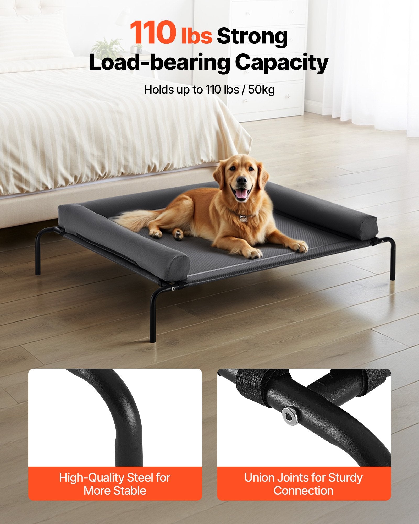 XL Gray Elevated Dog Bed for Large Breeds - Portable Raised Cot with Washable Pillow, Steel Frame, Breathable Mesh, Indoor/Outdoor Use