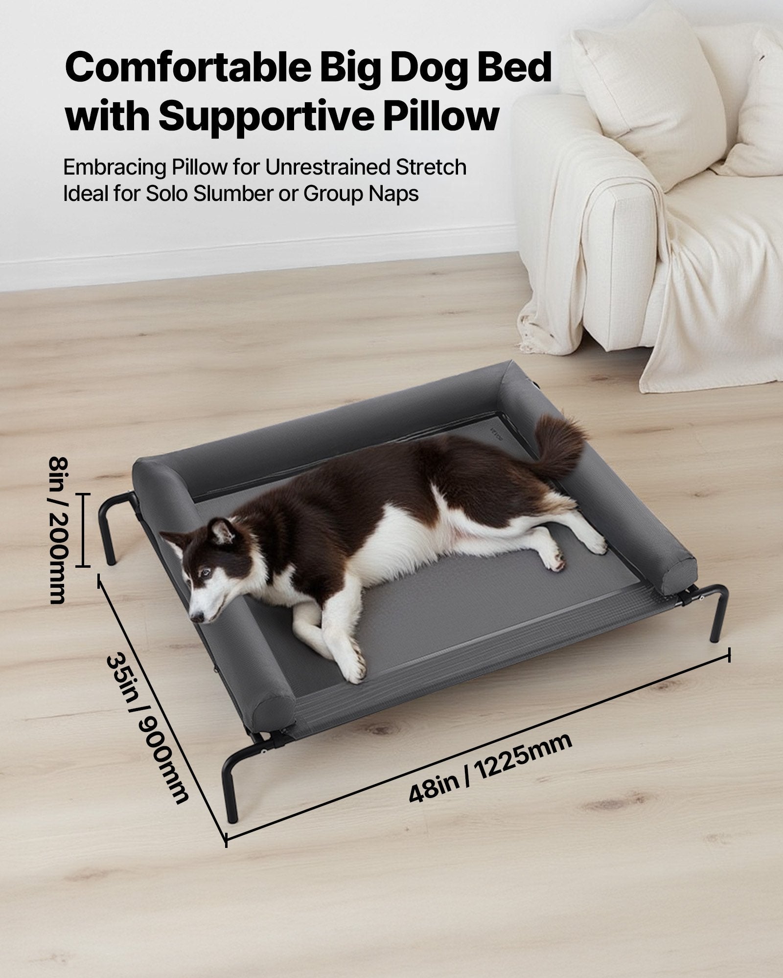 XL Gray Elevated Dog Bed for Large Breeds - Portable Raised Cot with Washable Pillow, Steel Frame, Breathable Mesh, Indoor/Outdoor Use