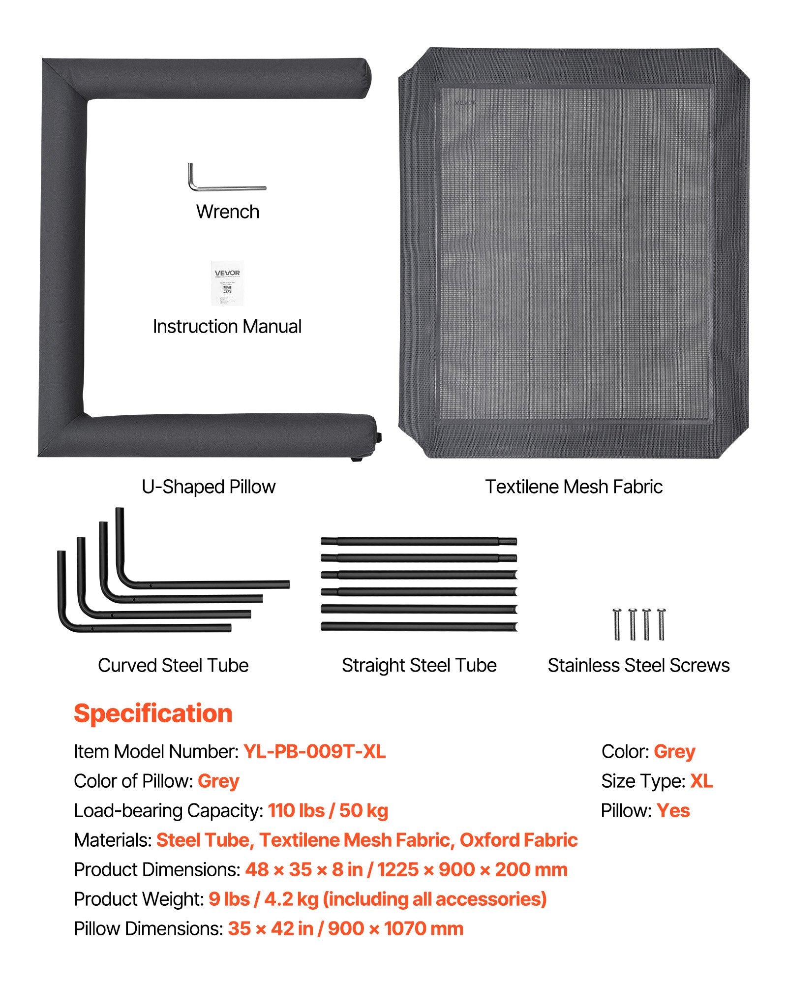 XL Gray Elevated Dog Bed for Large Breeds - Portable Raised Cot with Washable Pillow, Steel Frame, Breathable Mesh, Indoor/Outdoor Use