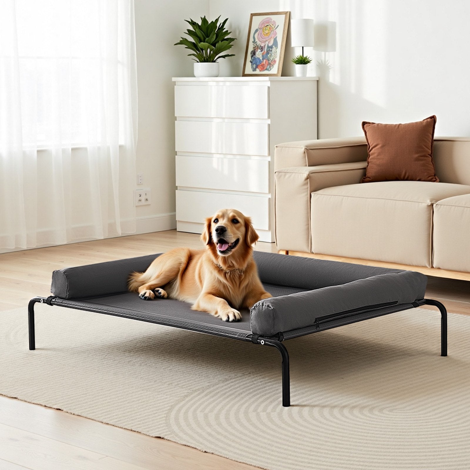 XL Gray Elevated Dog Bed for Large Breeds - Portable Raised Cot with Washable Pillow, Steel Frame, Breathable Mesh, Indoor/Outdoor Use