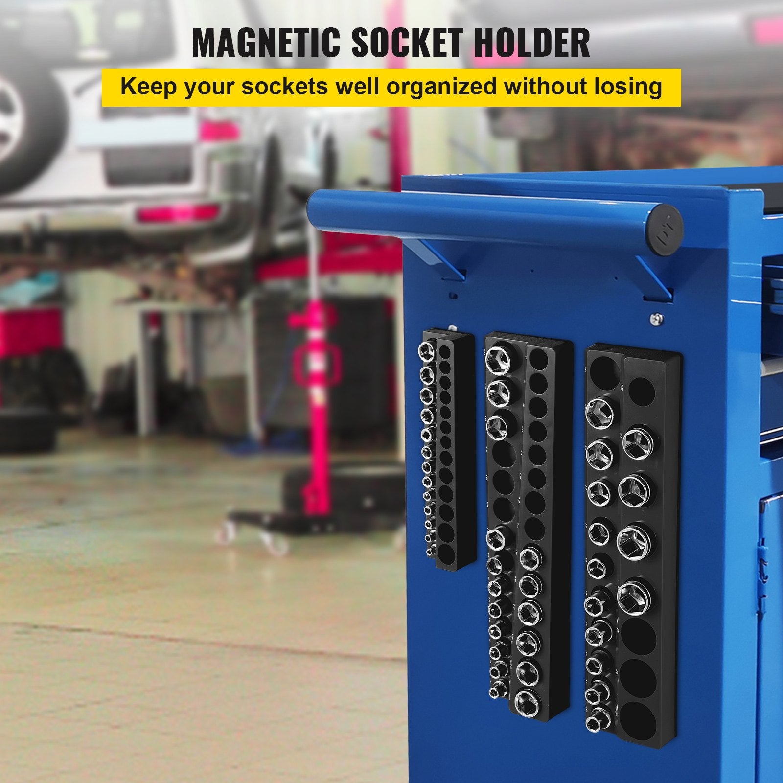 3-Pack Magnetic Metric Socket Organizer Set - 1/2", 3/8", 1/4" Drive Holders for 75 Sockets, Black ABS Tool Box Storage with High Visibility Markings