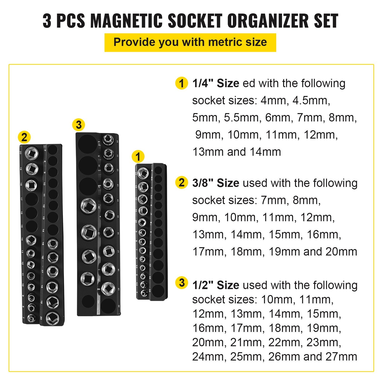 3-Pack Magnetic Metric Socket Organizer Set - 1/2", 3/8", 1/4" Drive Holders for 75 Sockets, Black ABS Tool Box Storage with High Visibility Markings