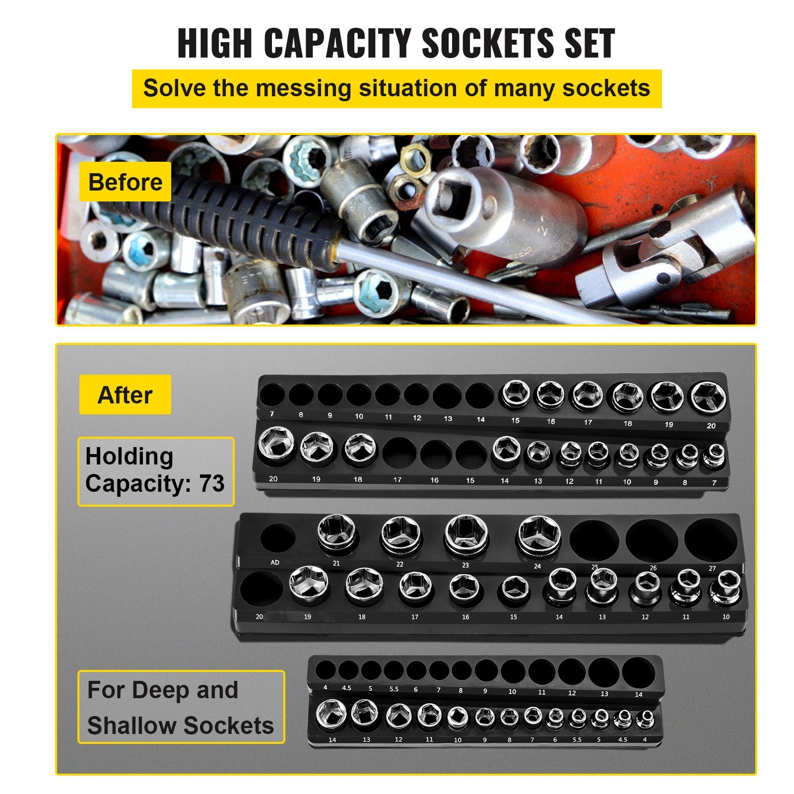 3-Pack Magnetic Metric Socket Organizer Set - 1/2", 3/8", 1/4" Drive Holders for 75 Sockets, Black ABS Tool Box Storage with High Visibility Markings