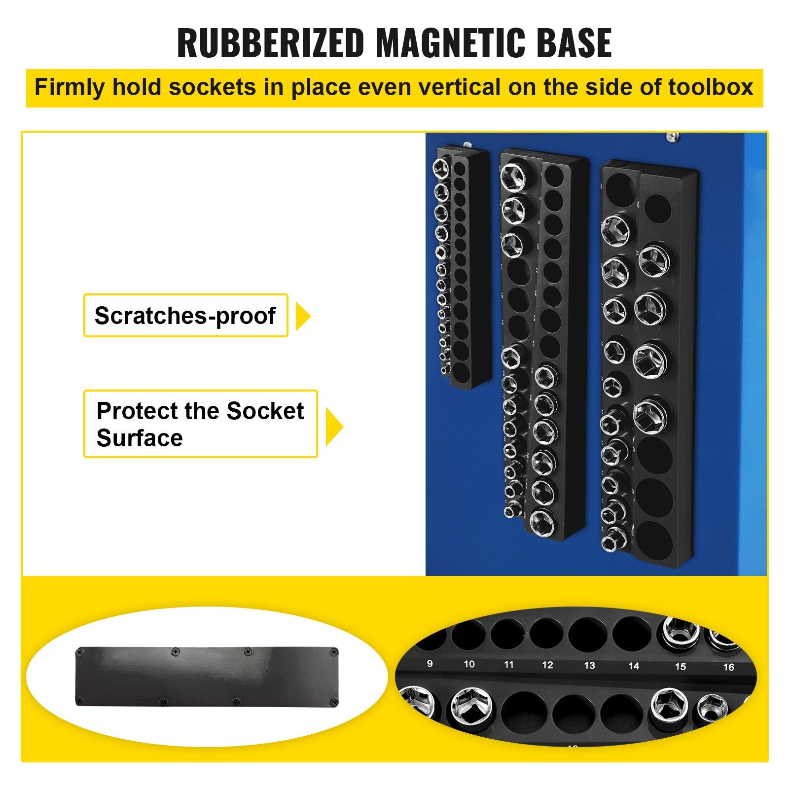 3-Pack Magnetic Metric Socket Organizer Set - 1/2", 3/8", 1/4" Drive Holders for 75 Sockets, Black ABS Tool Box Storage with High Visibility Markings