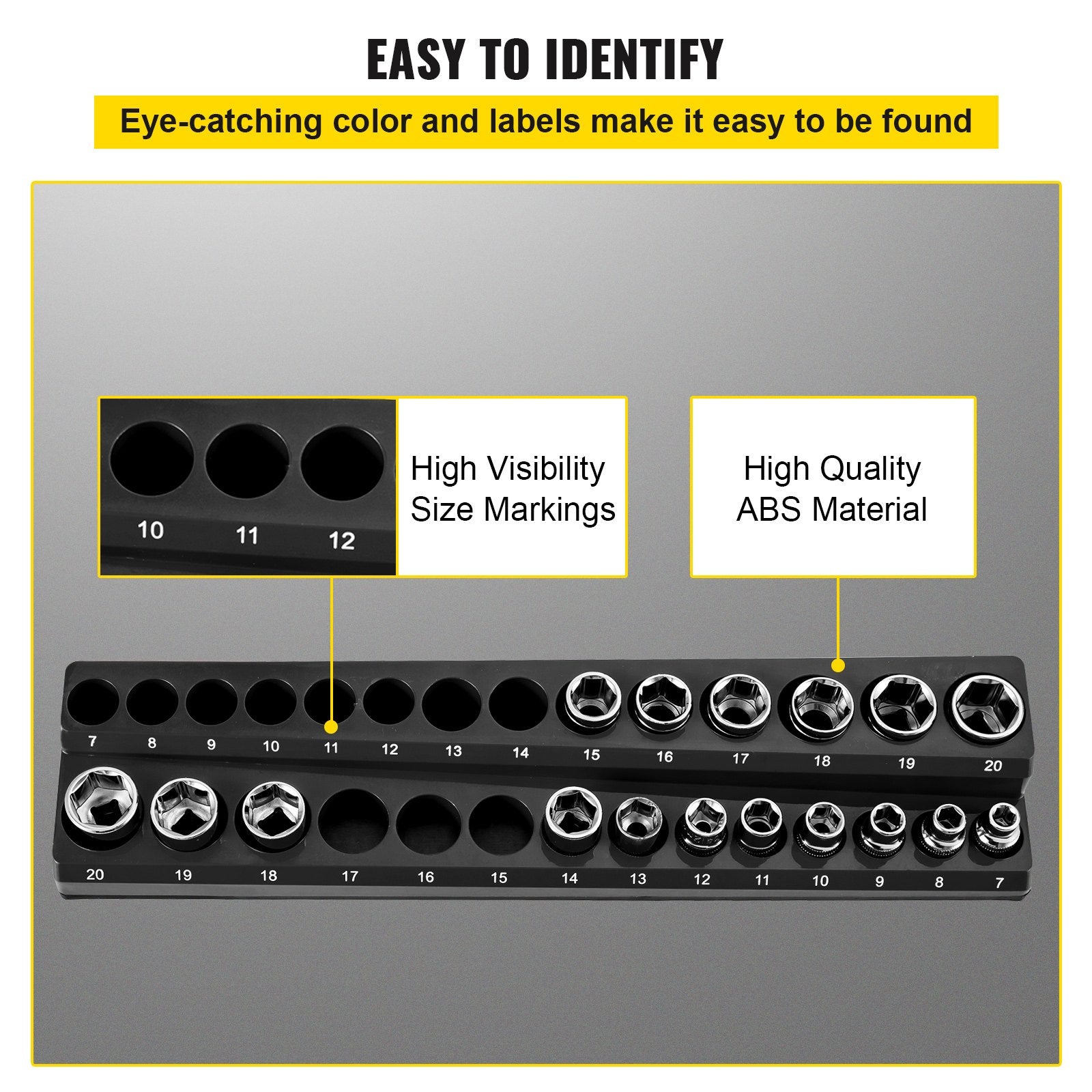 3-Pack Magnetic Metric Socket Organizer Set - 1/2", 3/8", 1/4" Drive Holders for 75 Sockets, Black ABS Tool Box Storage with High Visibility Markings